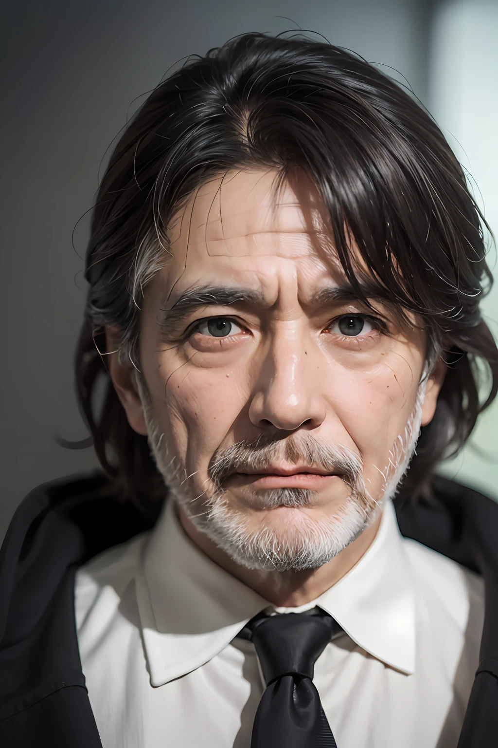 （（tmasterpiece））），（（（best qualtiy））），（（ultra - detailed）），（hyper realisitc），（highly detailed CGillustration），Movie light，realisticlying，Handsome old man，（A wrinkled face and beard），Complicated details，Full view，cloaks，a sense of mystery，movie picture quality，full bodyesbian，with short black hair，（magestic），Supernatural abilities，Medium Shot Shot。
