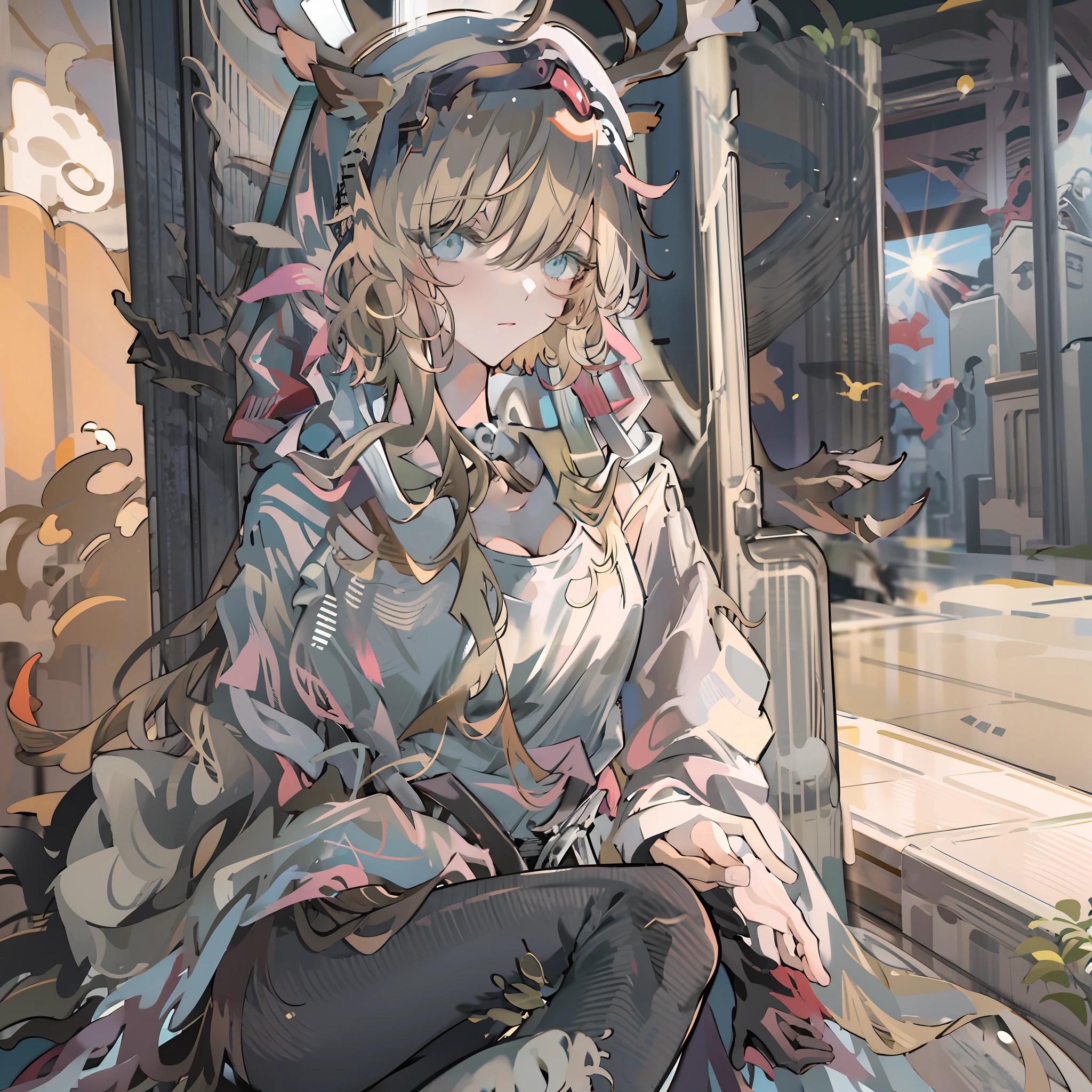 Anime girl sitting on the ground，There is a halo on the top of the head，Line sketch，clean anime outlines，anime sketch，Anime moe art style，Line sketch，flat anime style shading，sketchy artstyle，anime shading，thick line art，sketched，Casual pose，thick lineart，clean and meticulous anime style，linear art，with index finger，Line art。