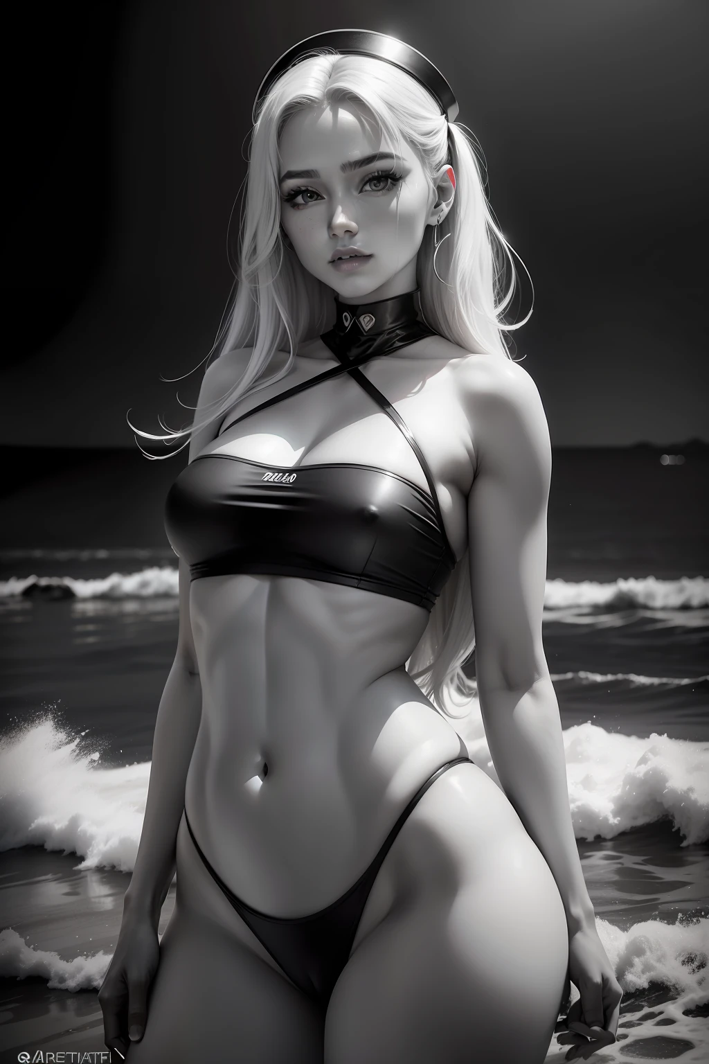 foto em preto e branco de uma mulher de 24 anos em roupas pretas, rosto, meio corpo, corpo, pele altamente detalhada, poros da pele, litoral, tempo nublado, vento, ondas, 8k uhd, Dslr, soft-lighting, alta qualidade, grain of film, Fujifilm XT3