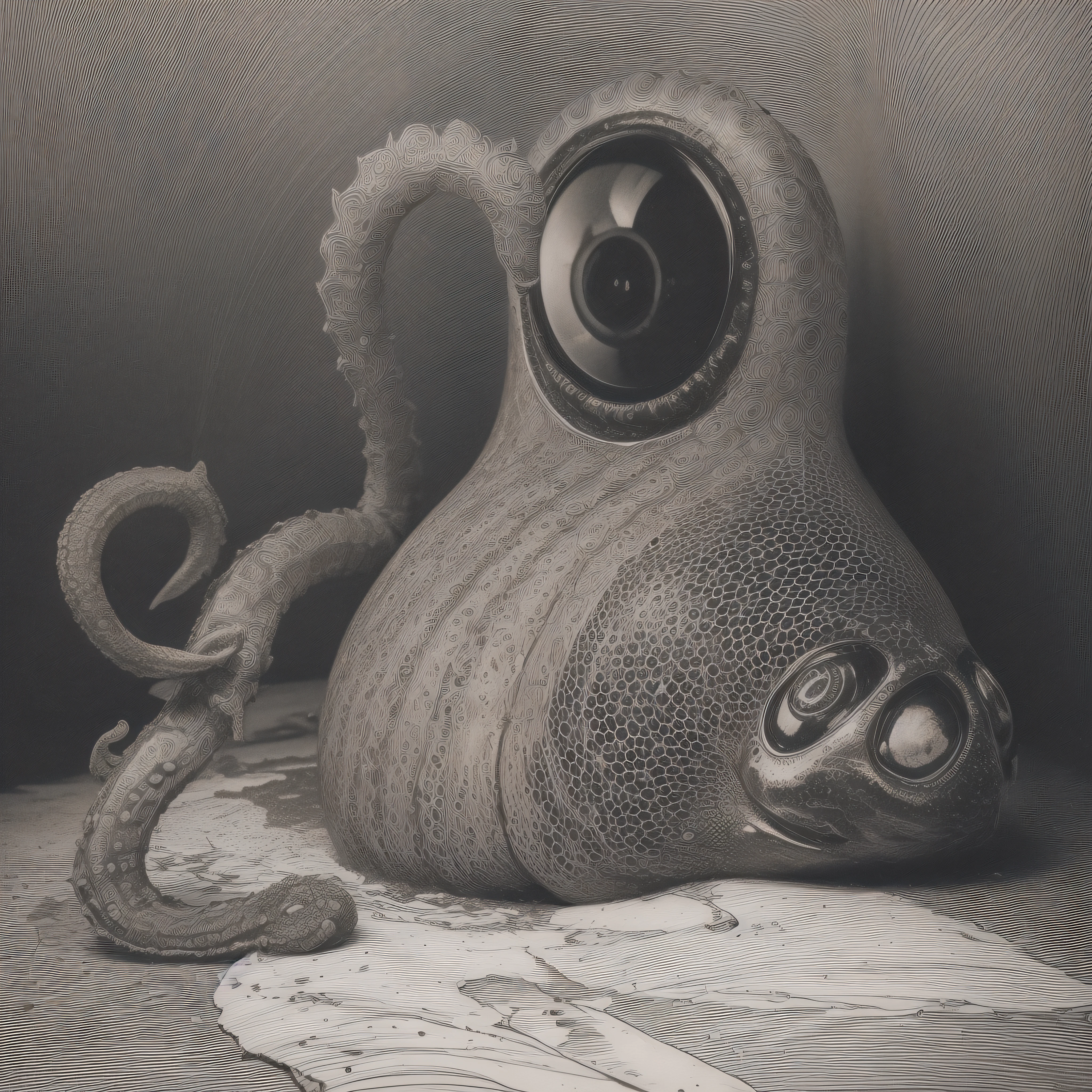 (extremadamente detallado, obra maestra, La mejor calidad), Estilo oscuro, intense illumination, rostro con arrugas, lengua larga, tentacle, deforme, monstruoso, interior de una piscina de agua verdosa, imagen submarina, alien con Colmillos finos, pico de pulpo amenazante. manchas de tinta. Rococo composition. Luz de caravaggio