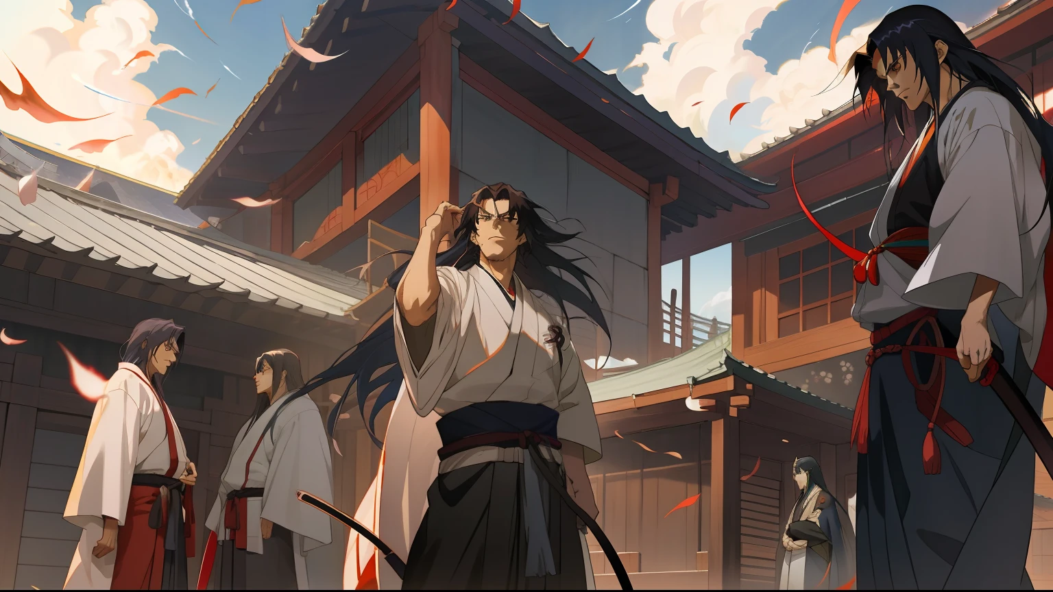 Anime character standing in front of a building in sky background, aragorn in an anime world, Guviz-style artwork, flowing hair and long robes, ninja scroll anime style, handsome guy in demon killer art, traditional japanese concept art, anime still film anime shikishi, 2. 5 D CGI anime fantasy artwork, screenshot from the anime film
