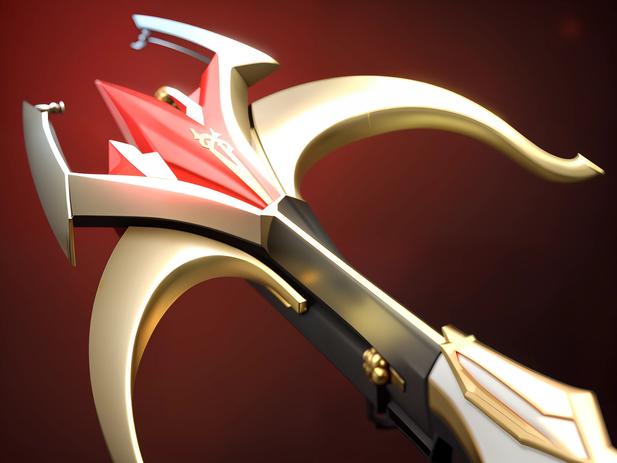 There is a metal ballista,The crossbow is made of brass,The crossbow is a blood-red gemstone,Sharp blood-red arrow,Zhuge crossbow,Metal ballista,Light red background,There was a faint blood-colored mist at the crossbow arrow