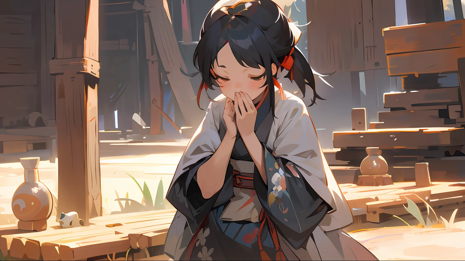 Anime girl in kimono standing in front of a wooden structure, Guviz-style artwork, Guviz, From Arknights, Guweiz on ArtStation Pixiv, Guweiz in Pixiv ArtStation, Ayaka Genshin impact, the anime girl is crouching, Kawasi, anime visual of a cute girl