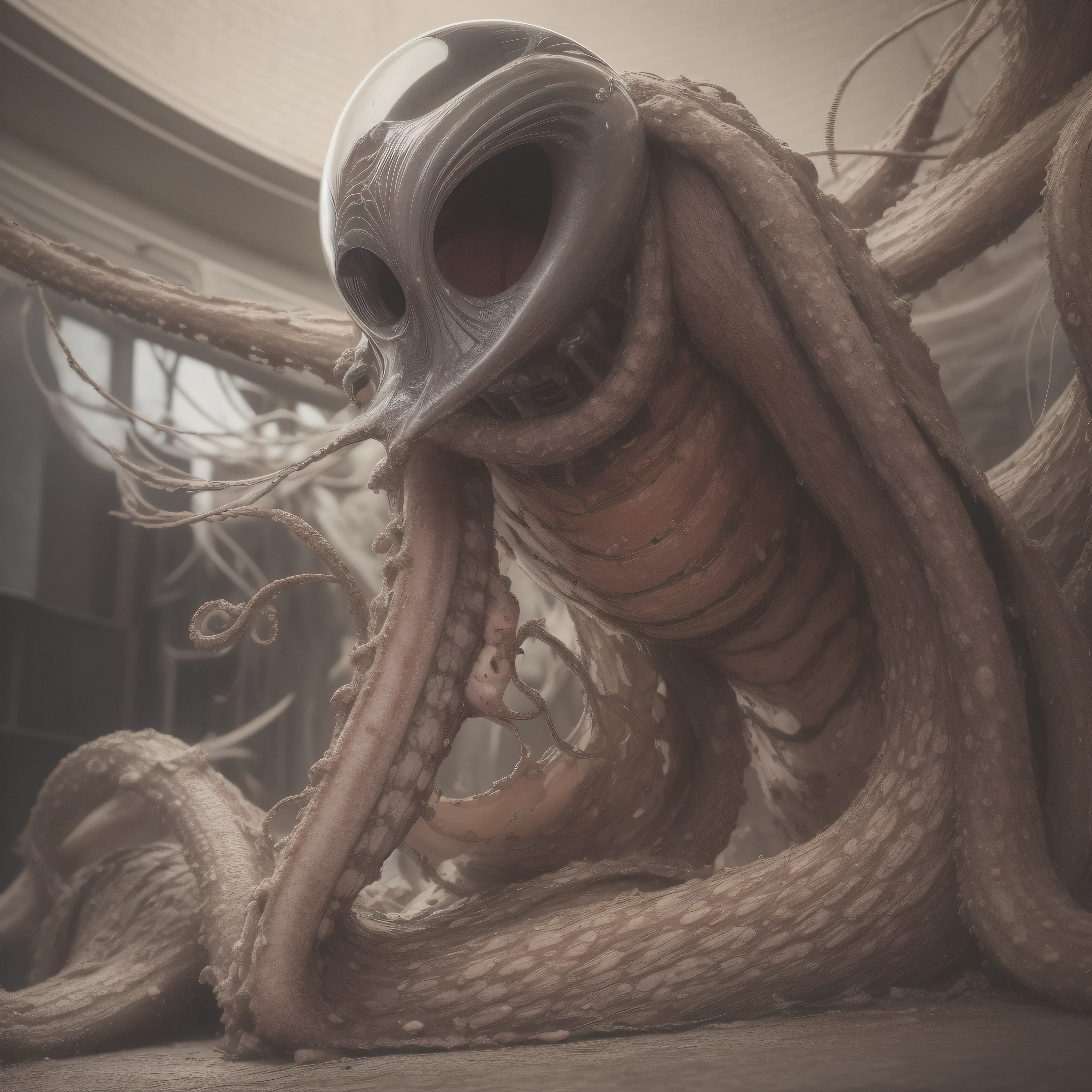 (extremadamente detallado, obra maestra, La mejor calidad), Estilo oscuro, intense illumination, rostro con arrugas, lengua larga, tentacle, deforme, monstruoso, interior de una piscina de agua verdosa, imagen submarina, alien con Colmillos finos, pico de pulpo amenazante. manchas de tinta. Rococo composition. Luz de caravaggio