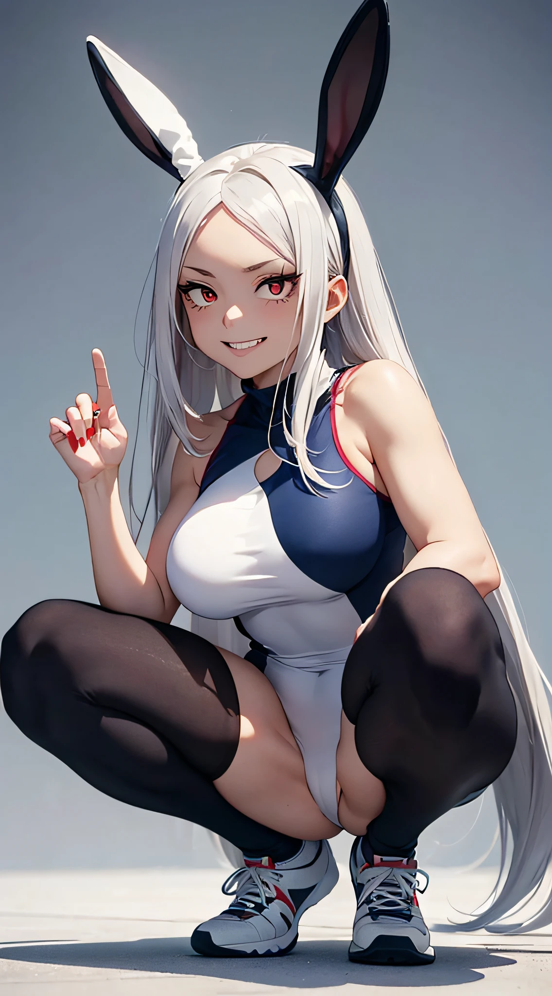 High quality, best rendering), (Beautiful Woman, Mirko, My Hero Academia), muscular body, thick muscular legs, big buttocks, pitch black tanned skin, big breasts, silver hair, long straight hair, Sanpaku eyes, red eyes, thin eyebrows, no lashes, rabbit ears with long ears, elaborate hair, psychopath, crazy face, glaring at viewers, grinning mouth, Sleeveless white leotard up to the neck, blue edges, blue knee-high socks, high-tech sneakers, squatting with heels on the ground, M-shaped legs, legs spread wide, hands on the ground, center, scales to fit dimensions, camel toes, shot from below --auto