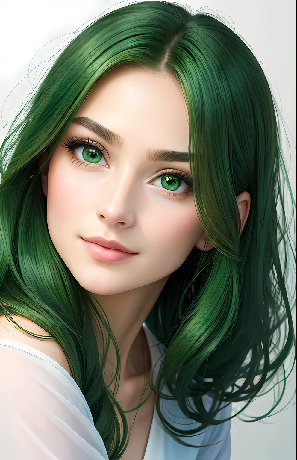 animesque、portraitures、One Person20age、Pretty Woman、Moisturized eyes、Casual clothing、a picture、oval jaw、beautiful countenance、The hair、green eyes with a beautiful shine,,、LDS Art