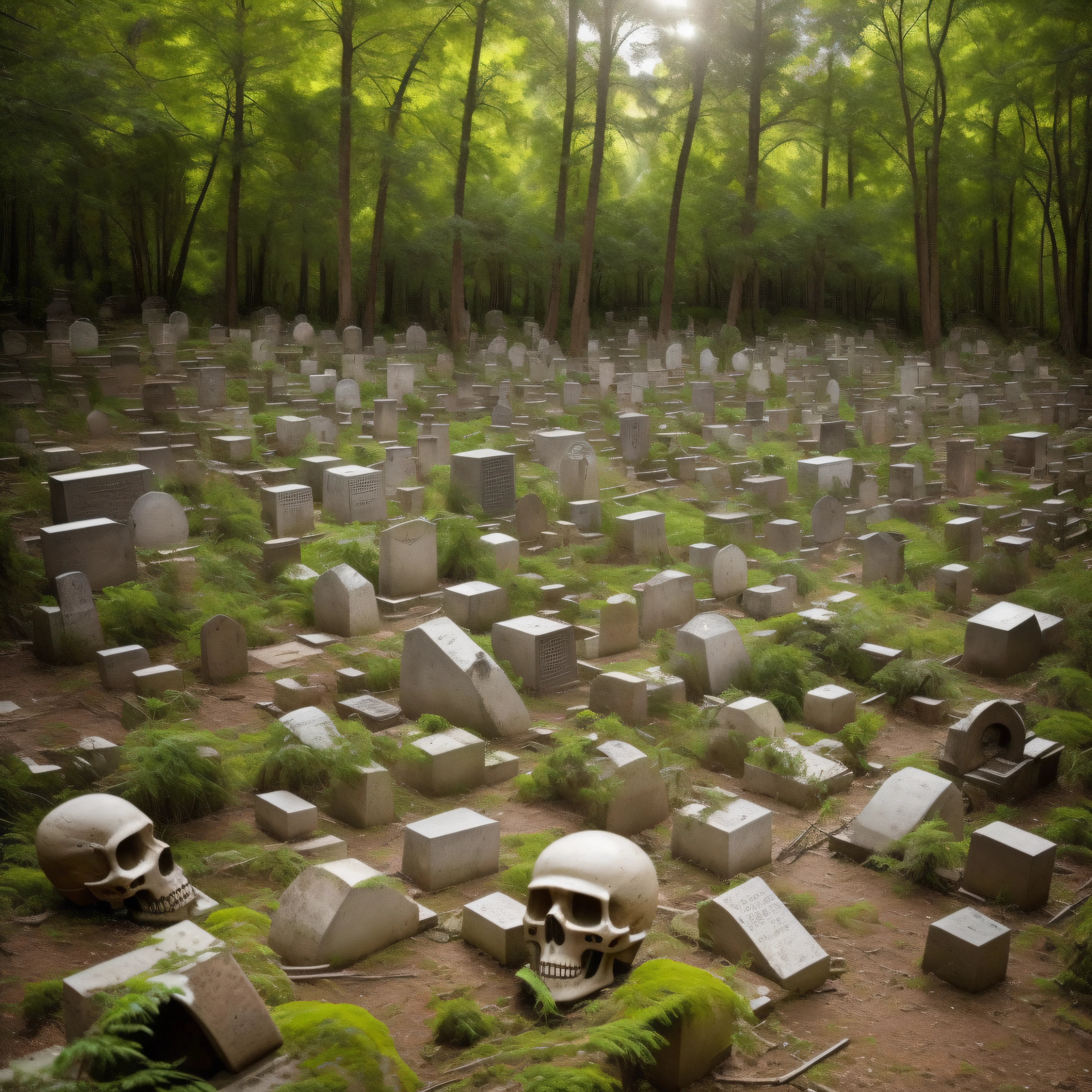 (extremadamente detallado, obra maestra, La mejor calidad), paisaje de bosque. cementerio antiguo. en el cielo hay un agujero profundo, Casa quemada. skulls on the floor. cubierto de plantas, sucio. Oggre hidden among the trees. Daytime Lighting.