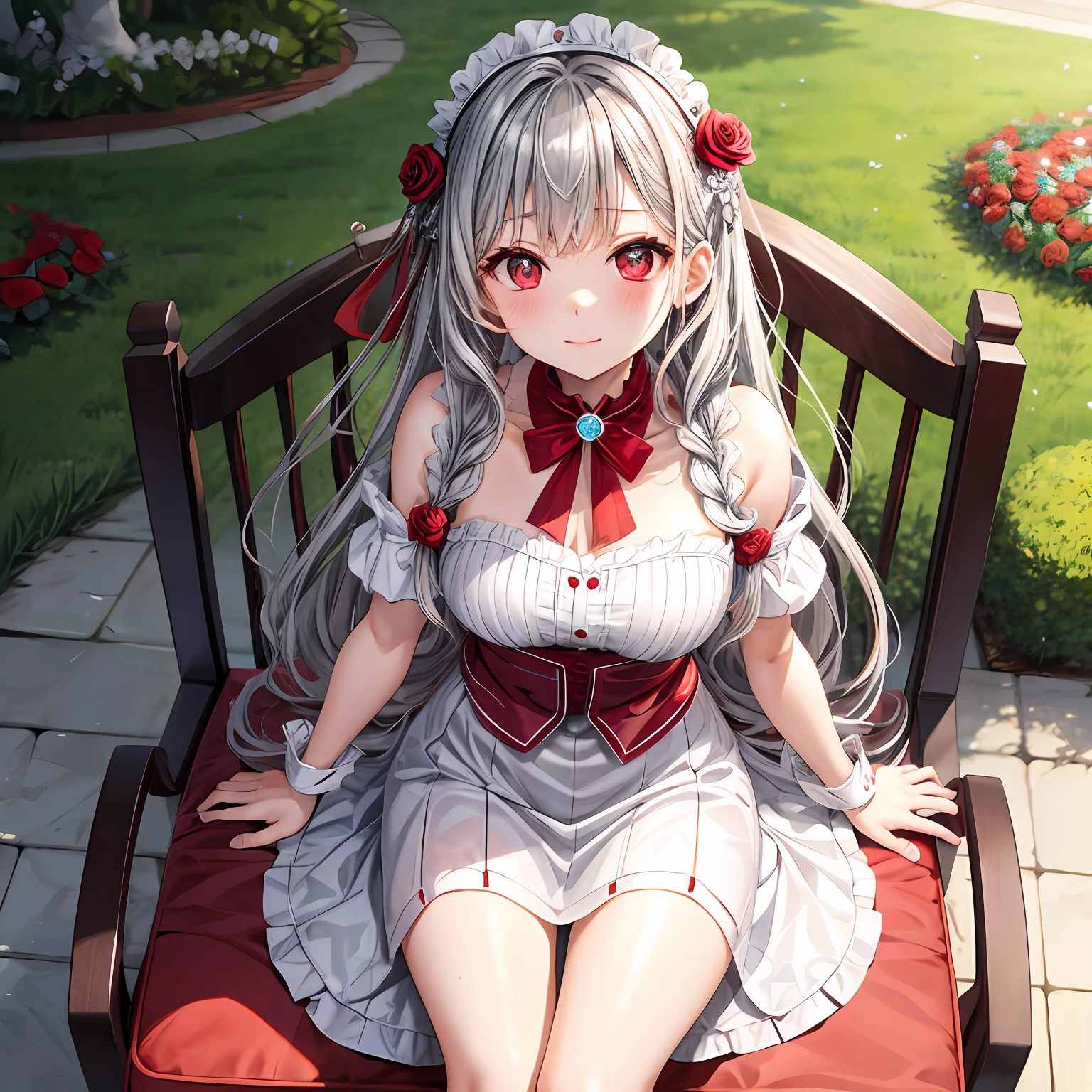 wavy silver hair、red eyes、One pretty girl、独奏、animesque、Maids、off shoulders、a miniskirt、Sitting on a chair、Foot braids、rose garden