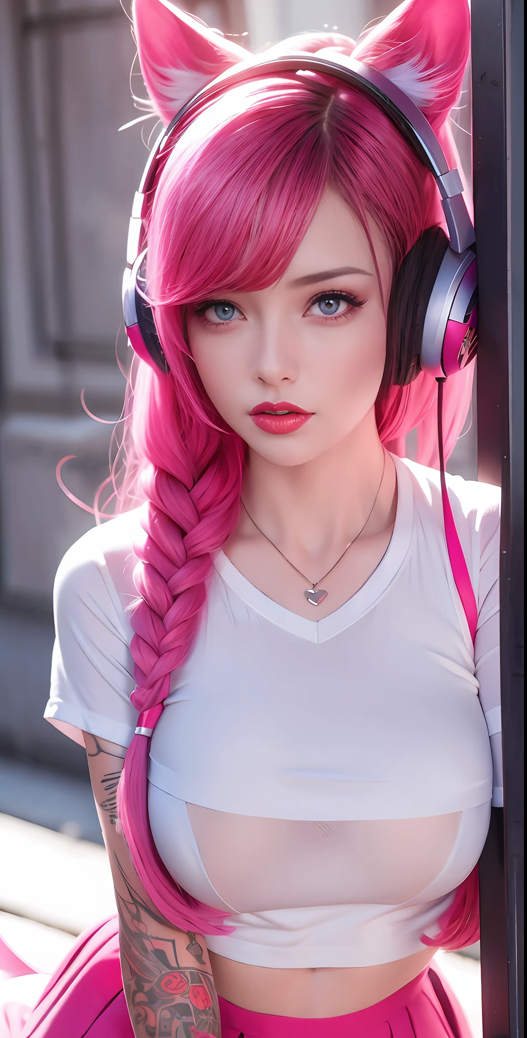 schoolgirls，Fuchsia hair，With silver headphones，Blue eyes，Red lips are attractive，The upper part of the body，white  shirt，cropped shoulders，huge tit，There are tattoos on the shoulders