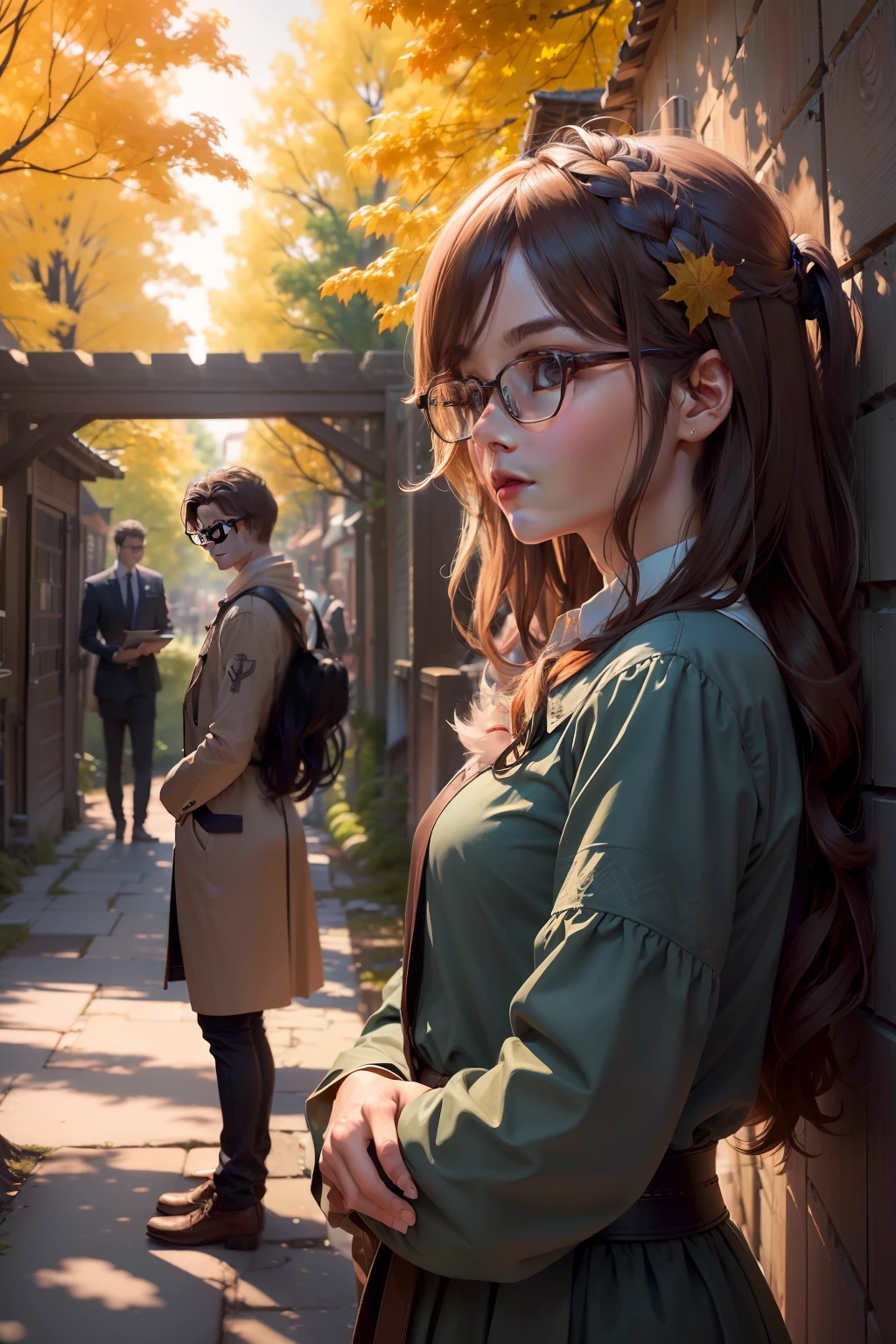 (((Quality：8k ultra-detailed wallpaper, best qualtiy))), In the alley，Under the maple tree, A lady with flowing hair faces the maple tree, Three people in the picture，A boy with glasses looked at her intently，Another handsome boy secretly aimed at the beauty from a distance。