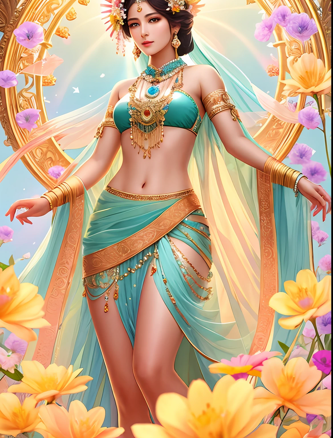 There are My Fair Lady,Fair smooth skin，flowers in full bloom，It is beautiful and delicate, Gold ornaments，Turquoise decoration，Various gemstones，No clothes，beautiful  flowers，Goddess. Extremely high detail, extremely detailed goddess shot, Extremely detailed flower goddess,Blue sky，The background of the character has a light rainbow aperture， hyper HD，psychedelic goddess, goddess art, Beautiful digital artwork, Beautiful goddess，tmasterpiece，4K，Realiy，photorealestic，professional photoshooting，超高分辨率，