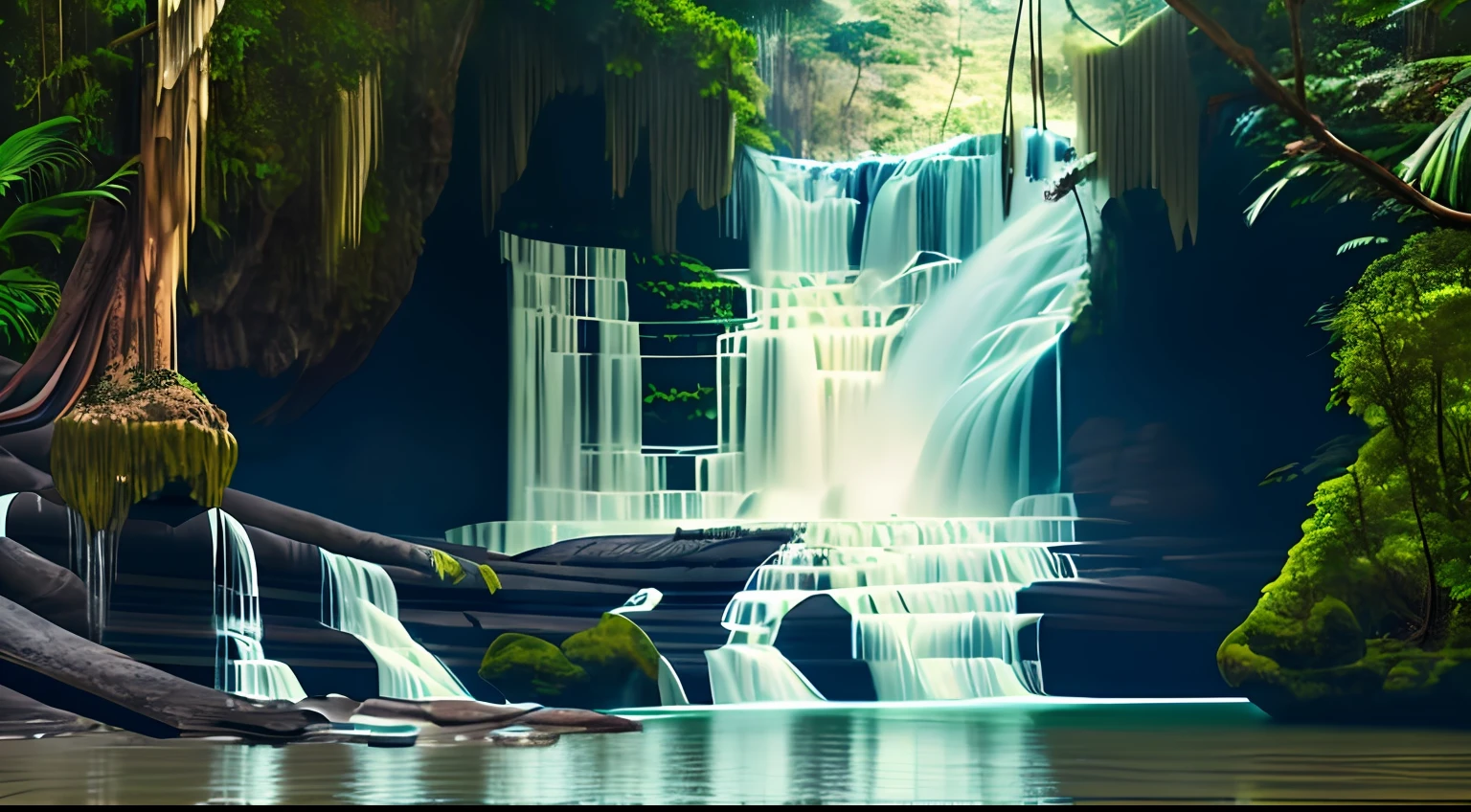 A photograph of a majestic waterfall in the midst of lush forest in brazil, with water cascading down, materpiece estilovintedois.