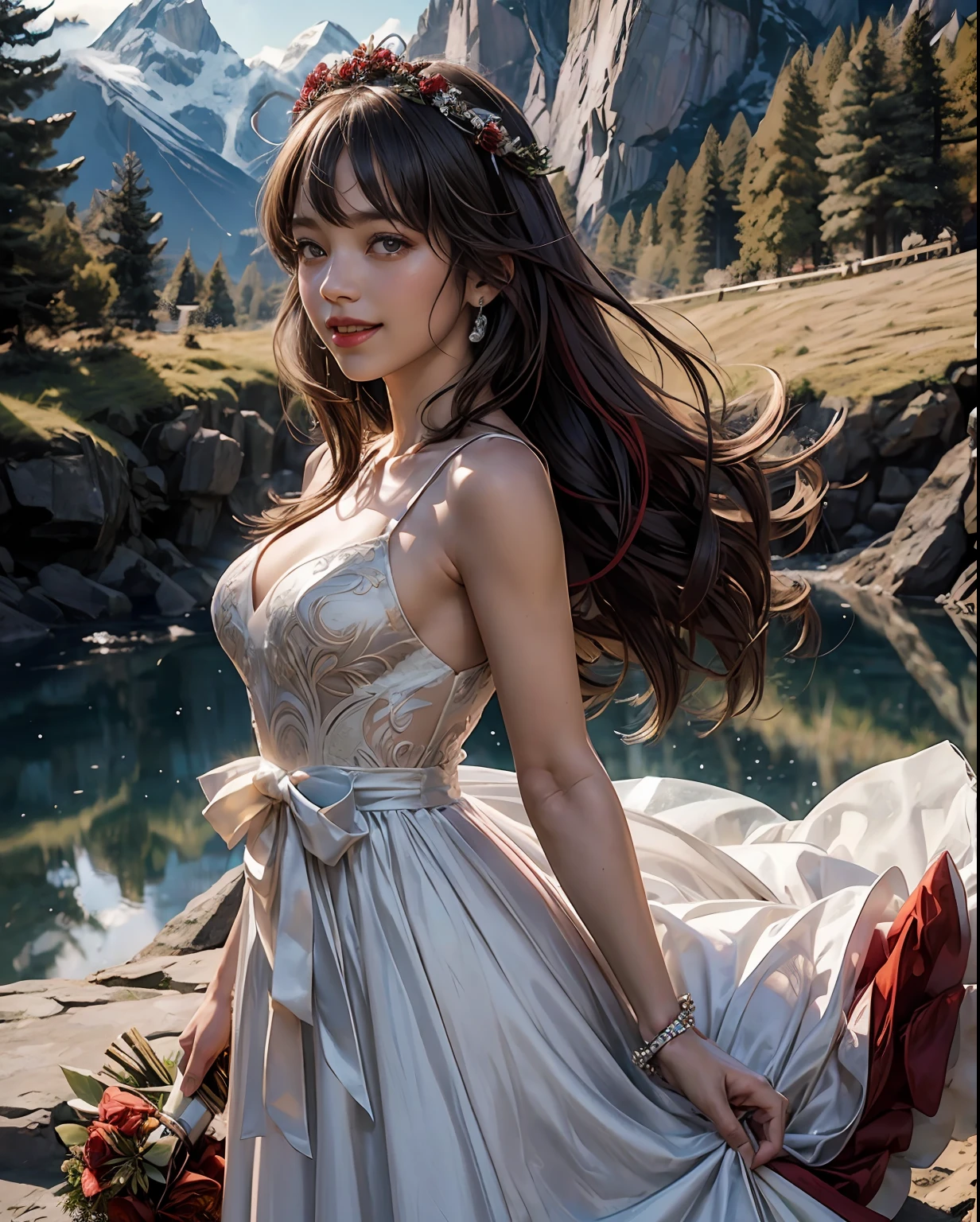Ranch, flash softbox is reflected in the background ((1 person)))),((Photorealistic)))))), ((AKB 48)), (Full body photo))), (Lens flare),(Backlight)), ((In the woods))((Dark mountain lake)),(((Rock in the background)),Flower crown,(Smiling)),((NIKON Z))),, ((((Bright red wedding dress, perfect breasts, latin, full lips))))(Skin feeling)),(Photorealism:6, Real),Perfect lower body shape,Ribbon,Hair ornament,pale skin,Watching viewer,Small waist