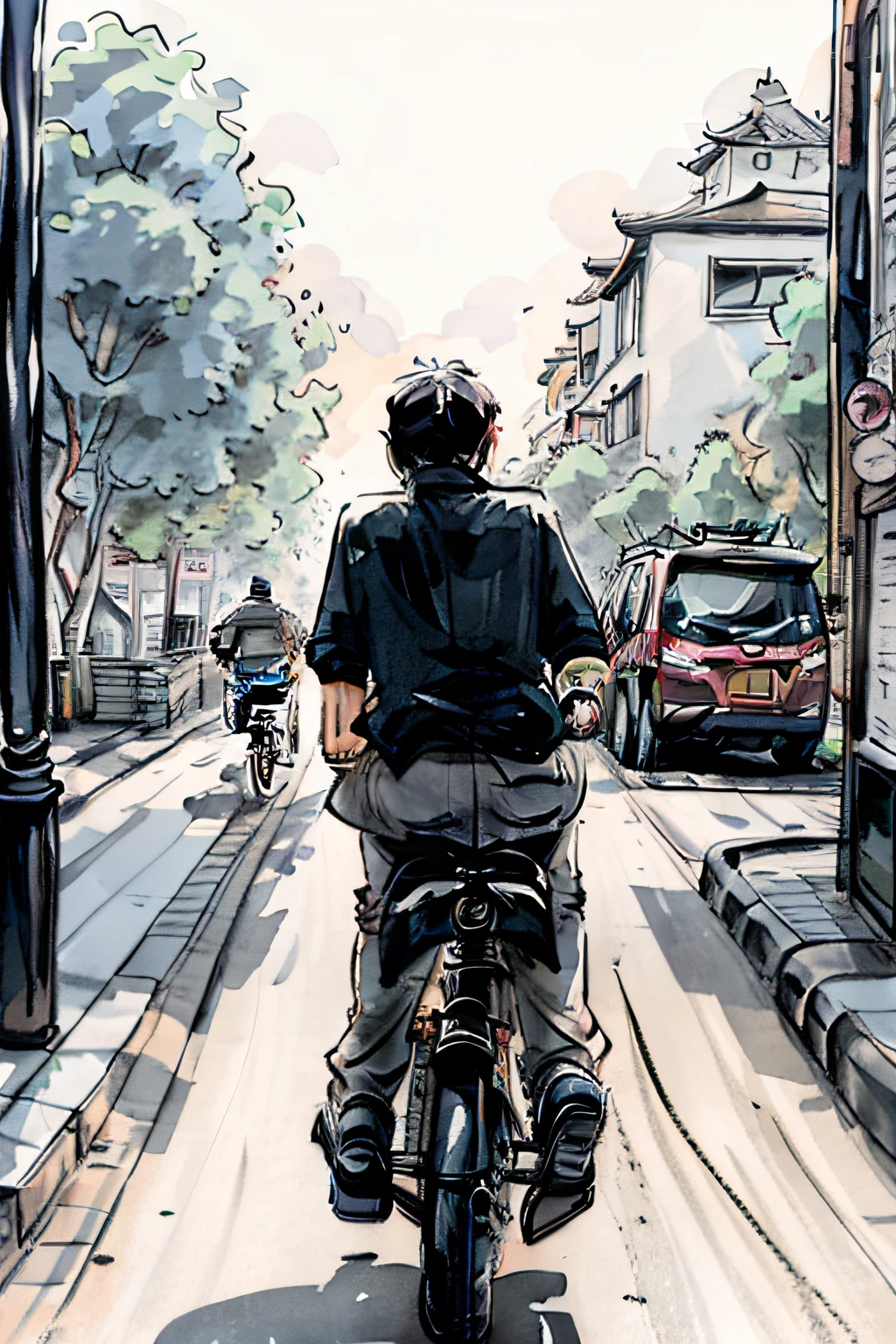 The picture has two people，A man is a middle-aged man riding a Chinese phoenix bicycle，There was a six-year-old boy in the back seat of the bike，City road background，Not many cars，Some pedestrians。Two people can see their faces clearly，Relaxed and pleasant expression。