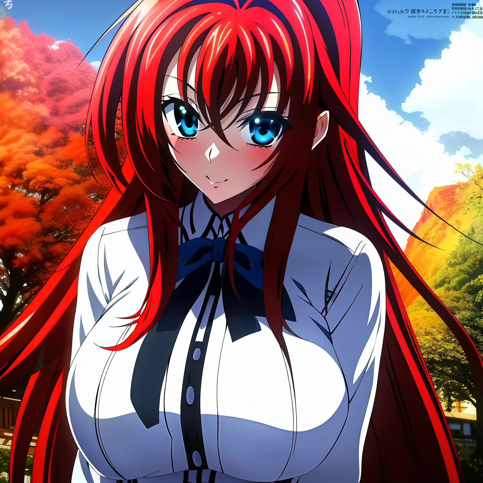 masterpiece, best quality, 1girl, long hair, looking at viewer, :3, cute, school uniform, outdoors, streets, large breasts, curvy, (((blue eyes))), red hair, antenna hair, wavy hair, ((beautiful detailed eyes, beautiful detailed glow)), anime, Rias Gremory