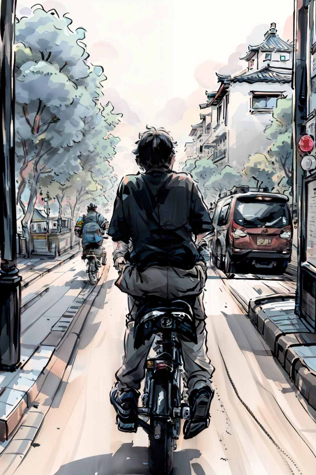 The picture has two people，A man is a middle-aged man riding a Chinese phoenix bicycle，There was a six-year-old boy in the back seat of the bike，City road background，Not many cars，Some pedestrians。Two people can see their faces clearly，Relaxed and pleasant expression。