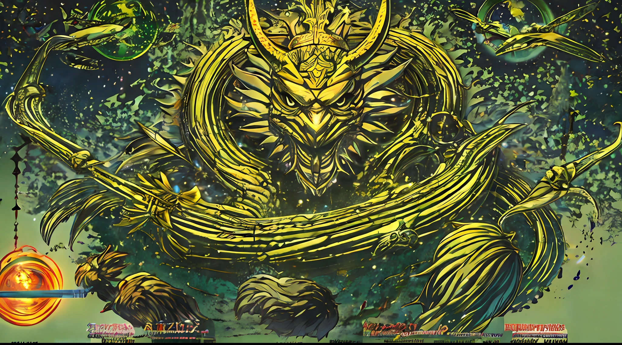 Dragon God Ball(treasures、antiquarian、old、round form、Yellow light、There are lines、semi transparent);Summon the Divine Dragon(Green color、old、There is a beard、large claws、immensity、Mighty、divino);Ancient surroundings、Empty、lawns