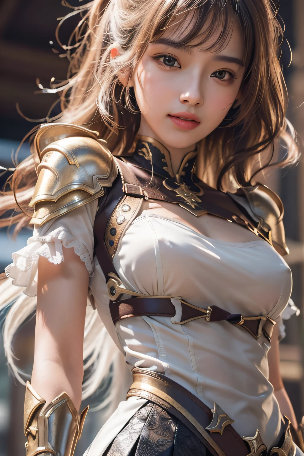 (dark brown eyes)Create images with a sense of depth and three-dimensionality,(1womanl:1.2),White snake, Glowing skin, thighs thighs thighs thighs, (Evere_Smile:1.2), detailed layered skirt armor, Analog 150mm lens、Beautiful Natural Soft Rim Light、 (masutepiece),((Ultra-detailed)), (High Definition CG Illustration), (Best Quality:1.2),realistic8K UHD, High Definition,(1girl in:1.2),high quality texture, Intricate details, Detailed texture, high detailing, extremely details CG, high quality shadow, realistic representation of face, Detailed beautiful delicate face, Detailed beautiful delicate eyes, brown eye pupil, A perfectly proportioned face, depth of fields, Cinematic Light, Lens Flare, Ray tracing,Perspective, a prominent nose, Slender face, Tall Girl, Blushing cheeks,(Narrow waist:1.3),Dutch Angle,Good anatomy),Dynamic Pose, actionpose, open pose, Dynamic Angle,