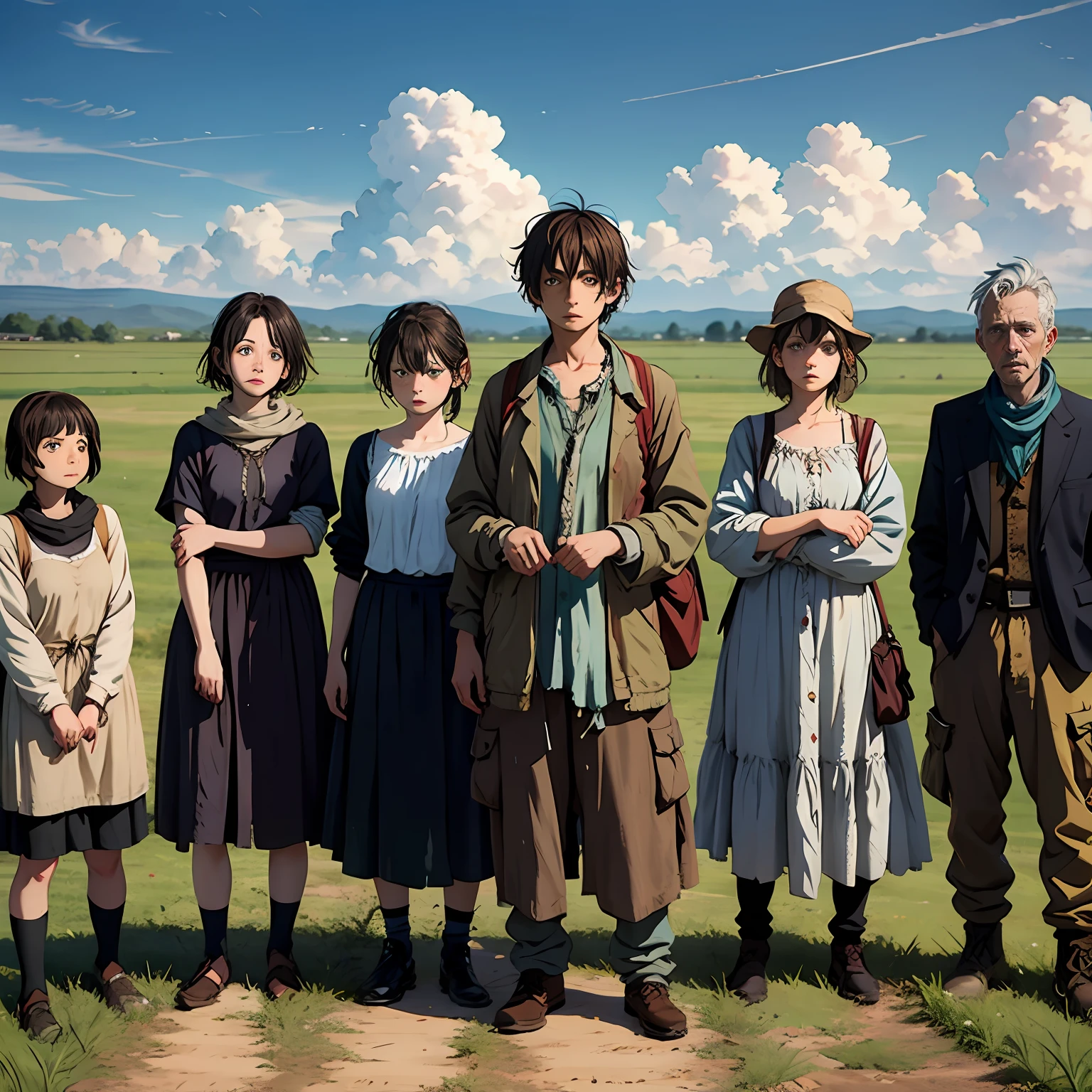 A group of ragged people,Look exhausted,Embarrassed,Standing in an open field on the outskirts