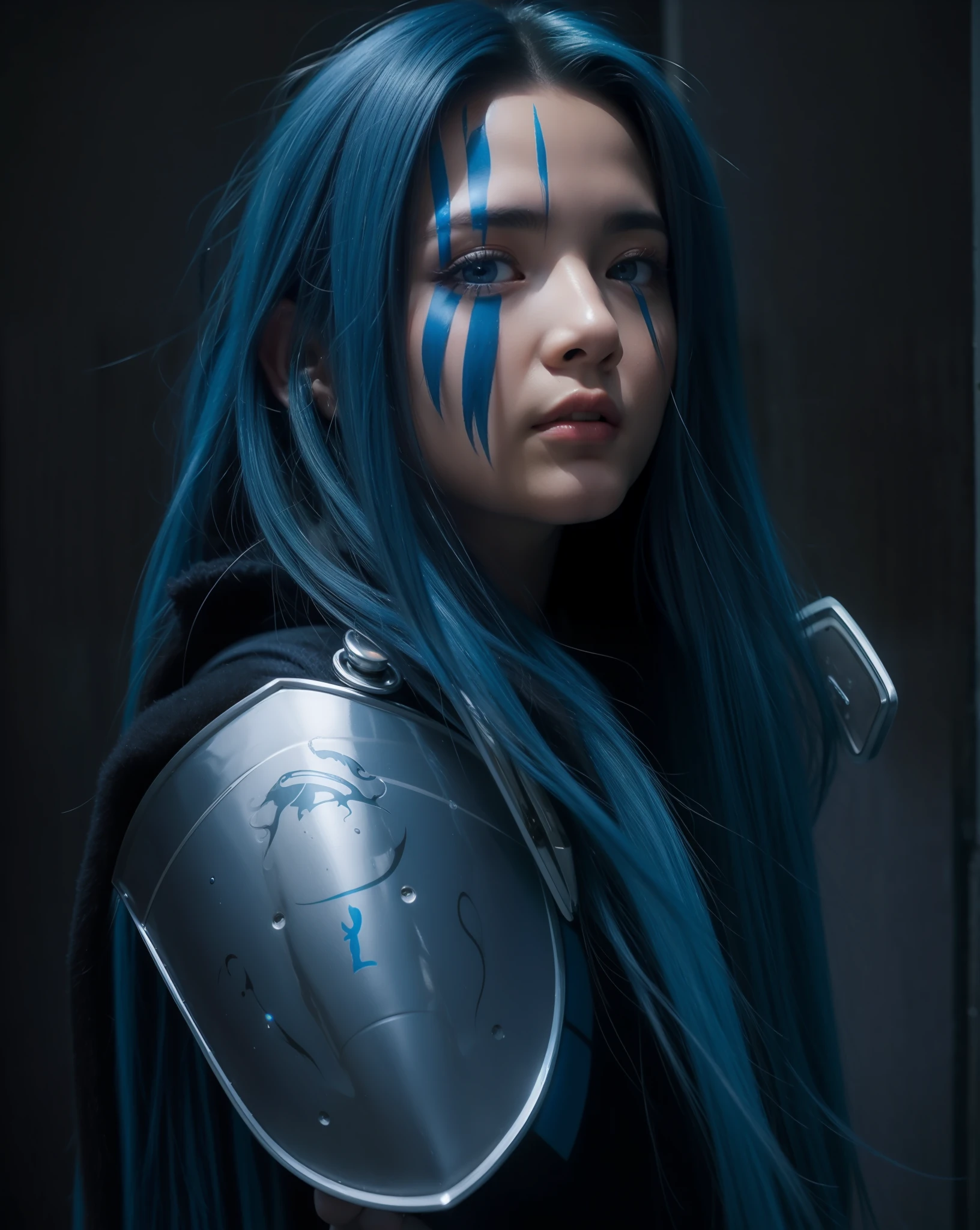 peitos grandes, armadura, cabelo azul
