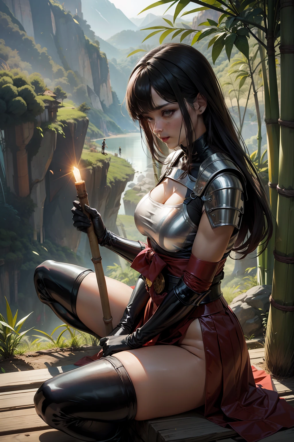 1girl, corpo inteiro, sentado, esguio, (bamboo trees), Kabuto, armadura samurai vermelha, ar enevoado, luz solar forte, caminho musgoso, Vila da Montanha, arma enorme, Scenery at the top of the mountain, sem calcinha, raised skirt showing private parts, masturbando-se