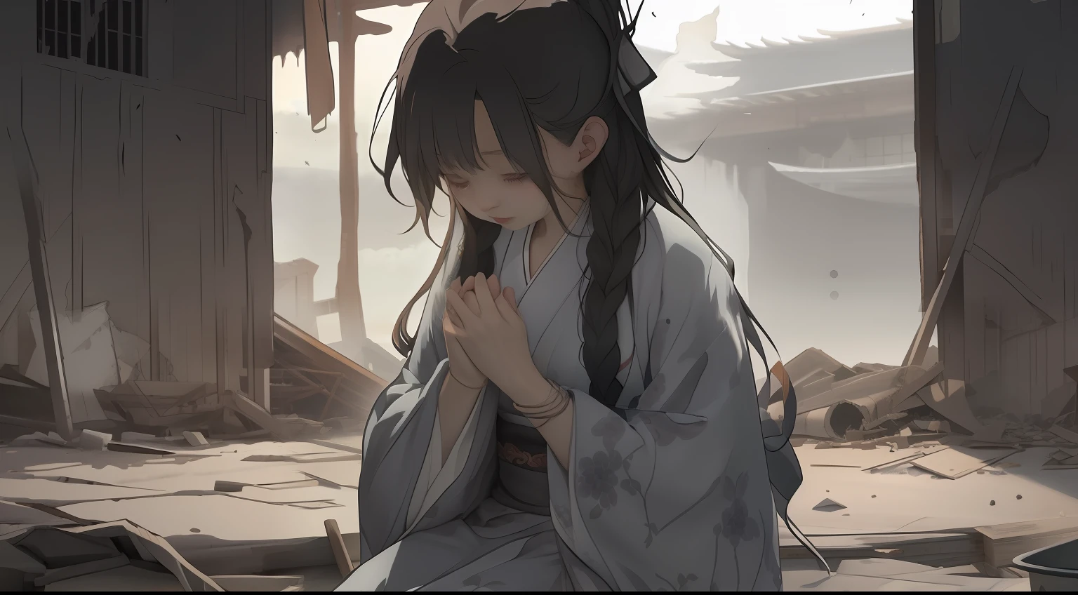 Anime girl wearing kimono praying in ruined building, Guviz, Guviz-style artwork, Kawasi, the anime girl is crouching, guweiz masterpiece, Guweiz in Pixiv ArtStation, From Arknights, Guweiz on ArtStation Pixiv, makoto sinkai, Palace ， A girl in Hanfu