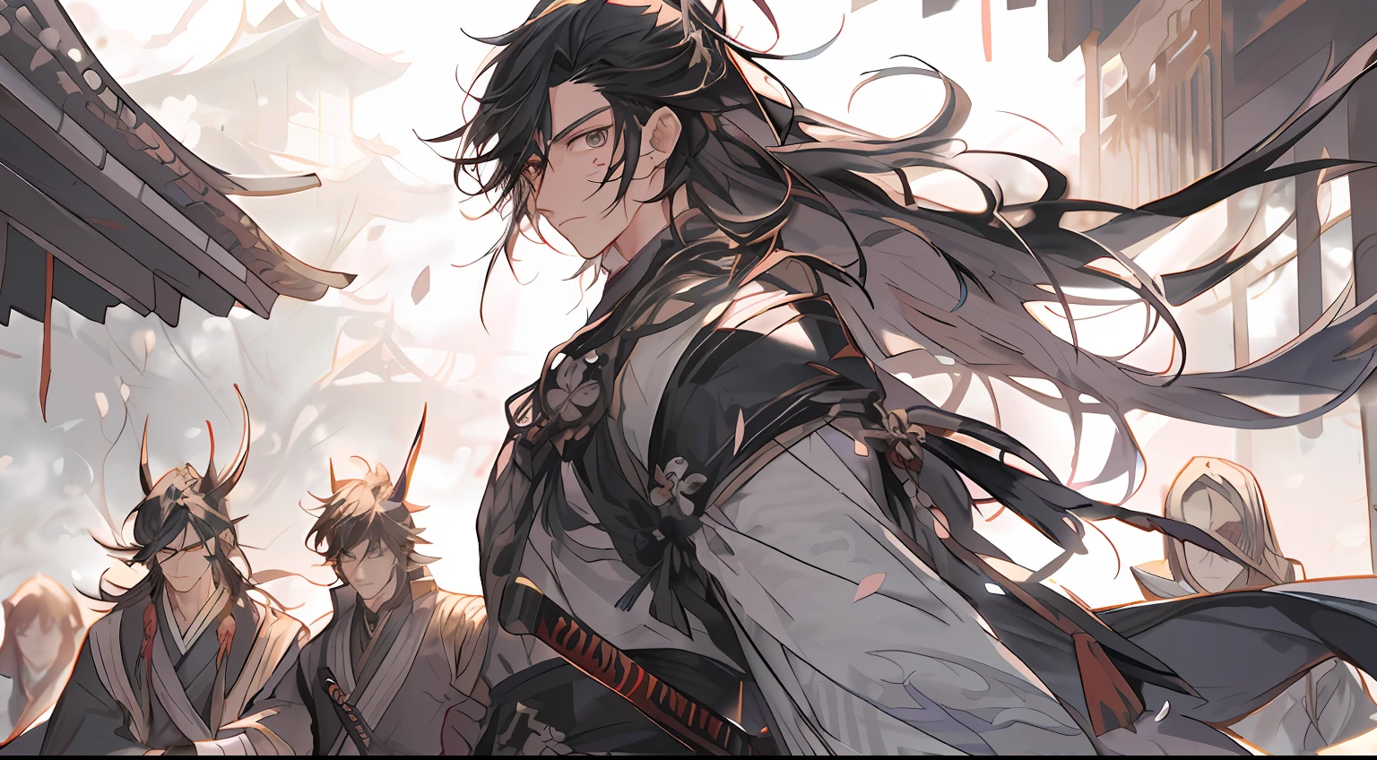 Anime - a stylized image of a man with long hair and a sword, handsome guy in demon killer art, Keqing from Genshin Impact, by Yang J, heise jinyao, zhongli from genshin impact, full-body wuxia, Detailed digital anime art, flowing hair and long robes, Wuxia, Guviz-style artwork