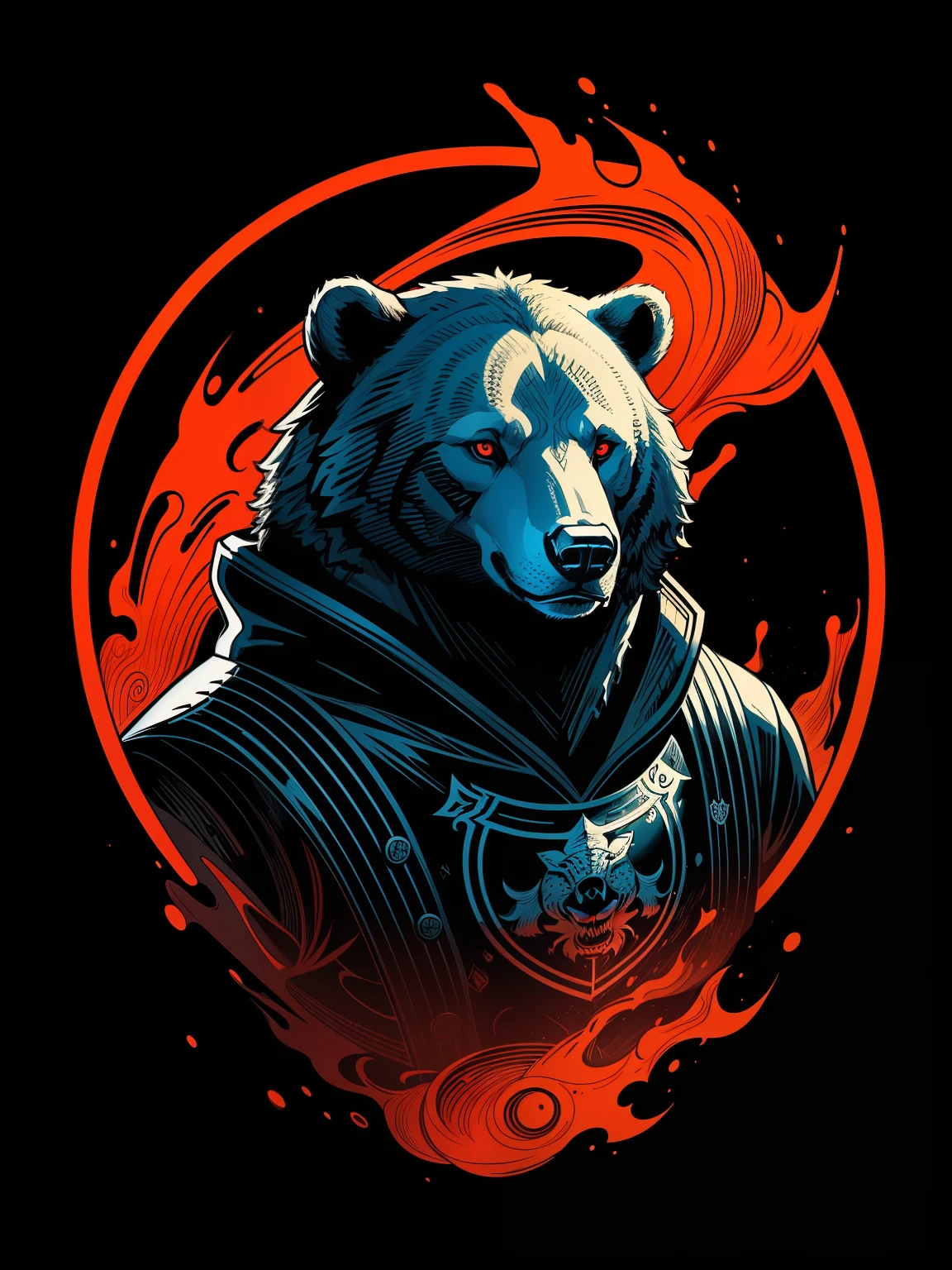 [Black bear]Silhouette of the coat of arms、Logo masking style illustration、by Dan Mumford、by Greg Rutkowsky、James Jean、Black background、Fantasyart、mystical、realisticlying、yudai、rich vivid colors、highly contrast、Seamless Water Brand、art  stations、Deviant Art、dribbling、Red Bubble、Tea Public、foco nítido、simple、Hyper-detailing、Detailed drawing、vectorized、outline、Isometric style、8k。