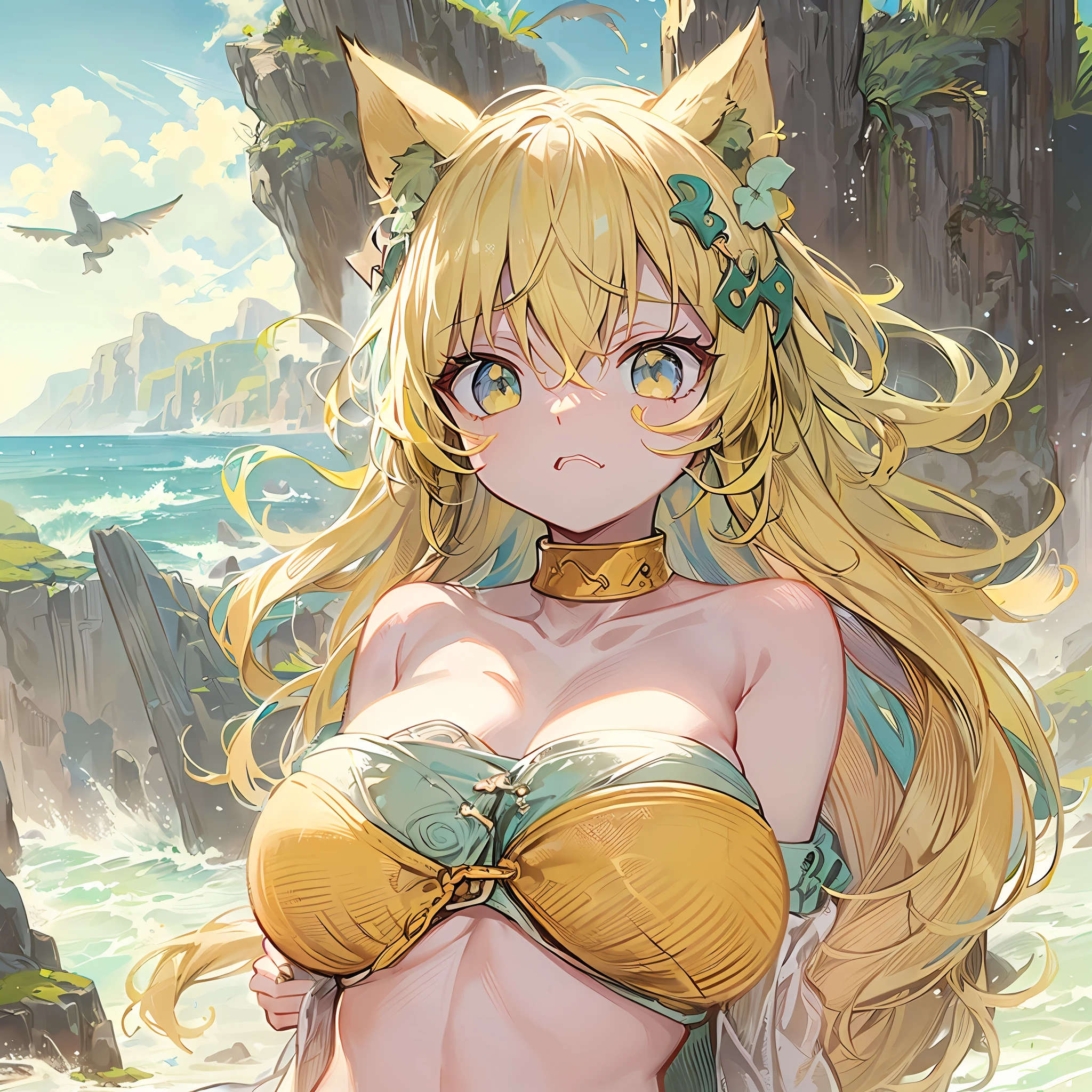 Movie angle、depth of fields、(Look at viewers)、(Right foreground:1)、(Standing photo:1)、)、 Cat Ears Girl, (独奏),(Yellow head hair),(de pele branca:1), (Curvaceous:1.2), (wide hips:1.1), Cat-eared girl, (Beautiful coastal background)、(Coast background:1.4)、(Coast background:1.4)、(bare shoulders、Yellow Micro Bikini)、(Yellow T-back panties:1.2)、sharp claws、Detailed corners、Green Choker、 (poneyTail、hairs between eyes)、(Yellow hair)、Blue eyes)、(flat breast:1.2)、 deadpan、Stunned、sleepy、 wakame、wakame、wakame、wakame、wakame、wakame、wakame、
