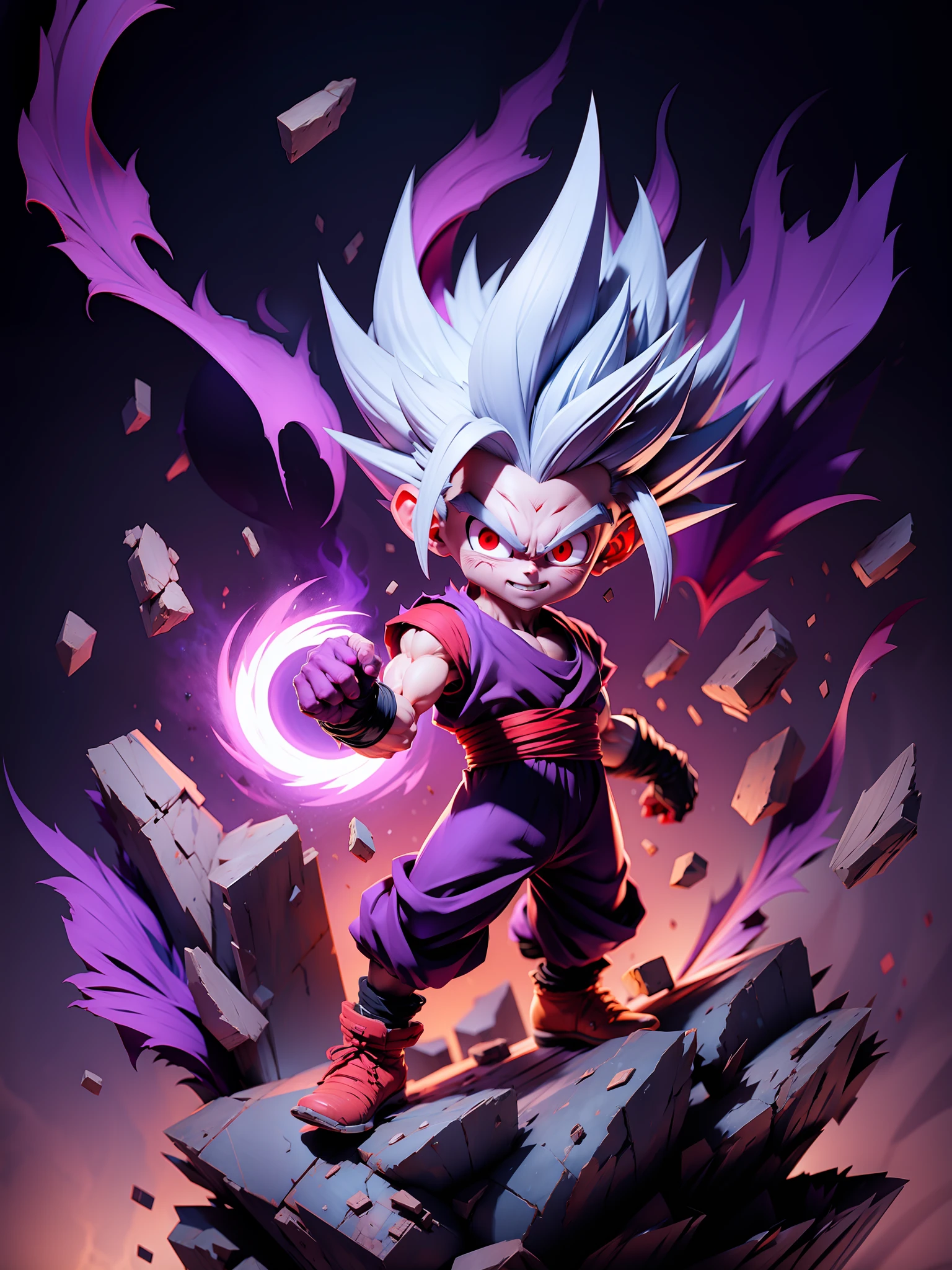 masterpiece, best quality, ultra-detailed, Adult Gohan 1boy, solo, Full body, evil smile, grey hair, spiked hair, (((red eyes))), (((perfect eyes))), (((PURPLE dougi))), full body, looking at viewer, male focus, earth \(planet\), planet, space, cracked ground and lots of rocks rising up, lots of debris going up, perfect hands . Cute, chibi,