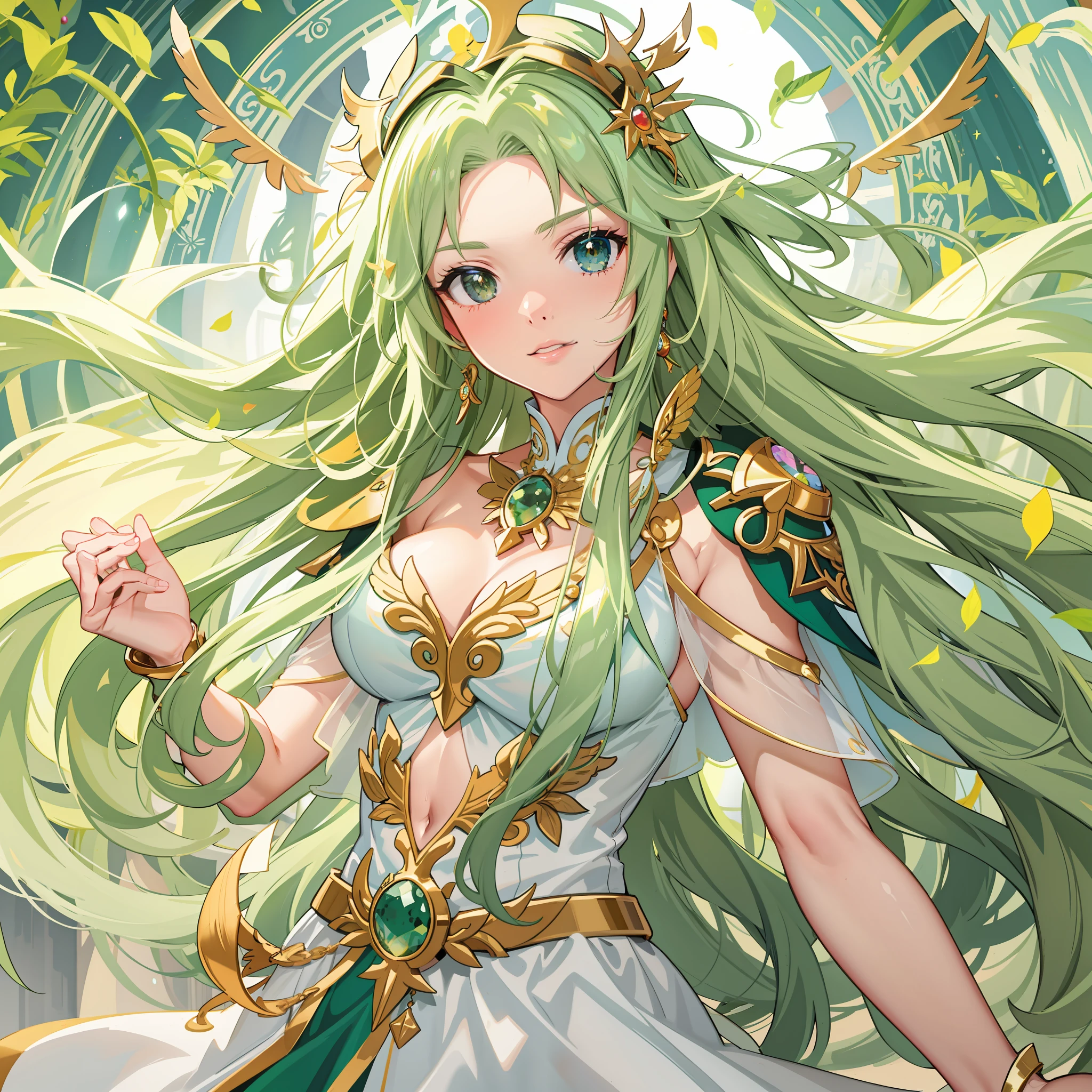 um close up de uma mulher com longos cabelos verdes e um vestido, Palutena, Senhora Palutena, portrait knights of zodiac girl, deusa anime, Palutena Esmagar, knights of zodiac girl, ((uma bela imperatriz fantasia)), Deusa da Natureza, Deusa da Primavera, beautiful young wind spirit, fey queen of the summer forest, arte oficial altamente detalhada
