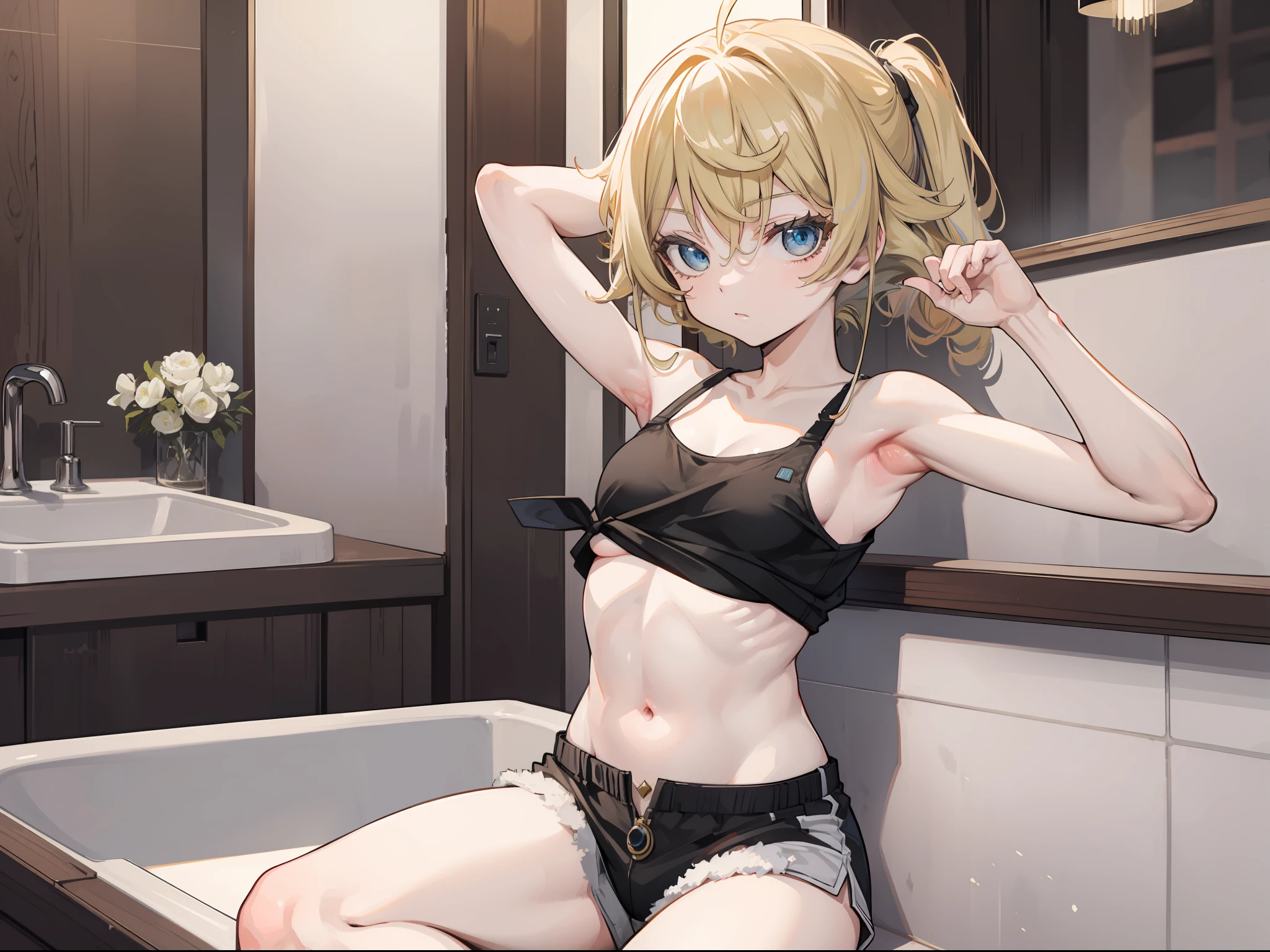 Tanya von degurechaff, tank top, armpit, wearing shorts, in the bathroom, clean skin, masterpiece, Top quality, Ultra high definition, Maximum resolution, Very detailed