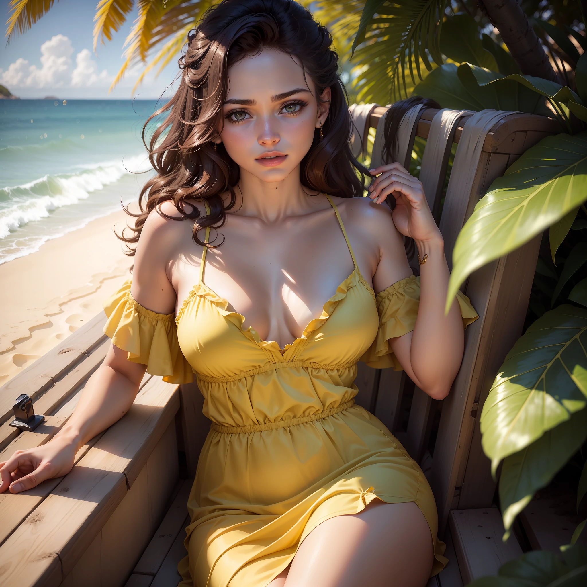 LNDSWGNR, (foco nítido: 1.5), (foco nítido:1.2), retremo, mulher jovem emraente, (beautiful face:1.1), Olhos detalhados, lush lips, (Maquiagem:1.2), (corpo apertado:1.2), Usando (vestido listrado amarelo dos anos 1980:1.2) em (a praia:1.2). (morning sun lighting:1.2), profundidade de campo, Bokeh, 4k, HDR. por (Tiago C. Christensen:1.2|Jeremy Lipking:1.1).