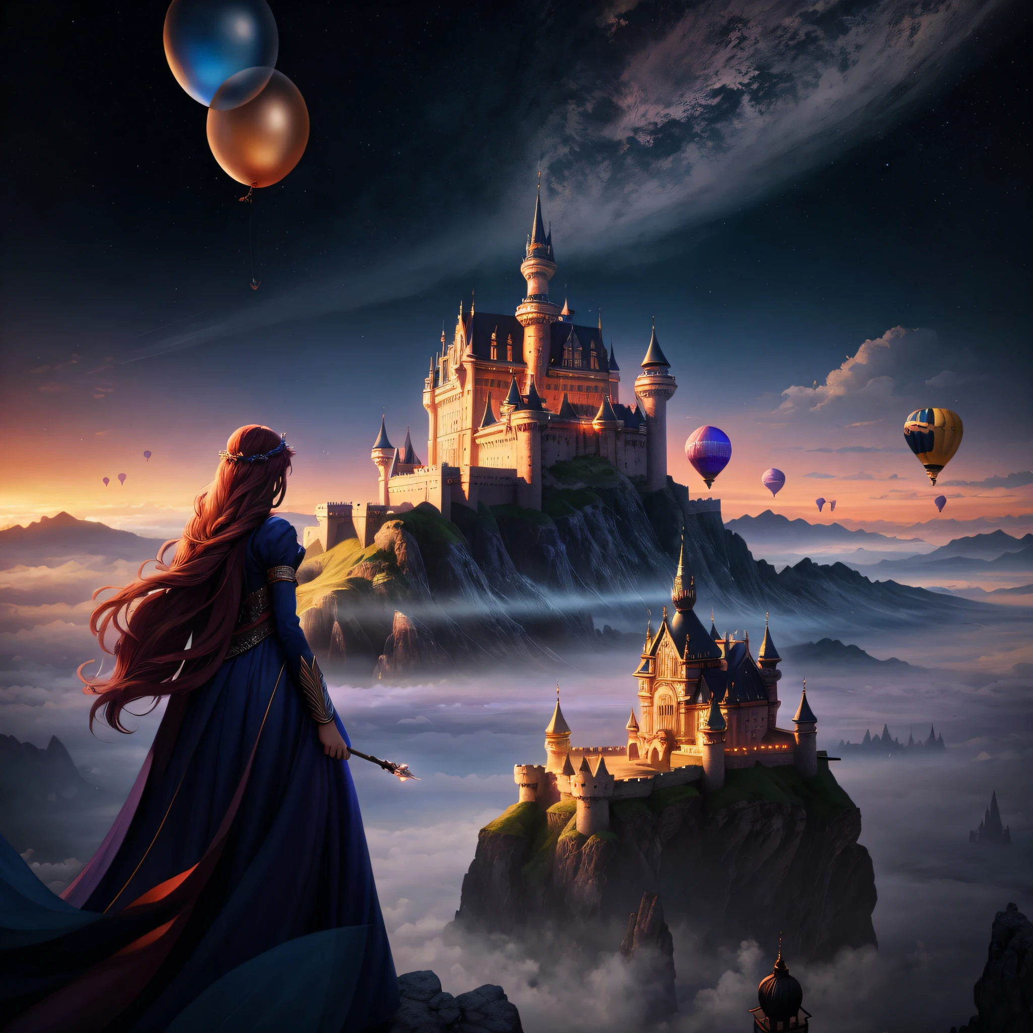 Arafed woman looking at a castle with hot air balloons flying in the sky, breathtaking fantasy art, bela arte digital, bela arte de fantasia, Fantasia pintura escura,Pescador, inspirado em Cyril Rolando, arte de fantasia muito bonita, arte digital fantasia arte, Arte de fantasia grande angular, whimsical fantasy landscape art, fantasy illustrations, Directed by: Alexandre Kucharsky, bela fantasia detalhada, pintura de fantasia bonita, Estilo de rastreamento Vray, UHDR, 8k, master part, best quality