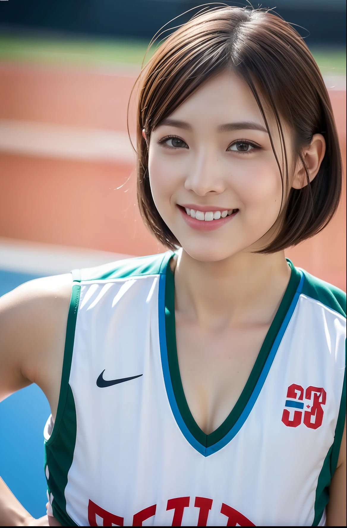 (((full bodyesbian)))、((Short-cut hairstyles))、Perfect style、beauty legs、kawaii、((Track & Field Athletes Women))、japanese beauty girl、(((1人)))、Competition uniforms、((stadium))、Transcendent cute、A slight smil、Beautiful breasts、full bodyesbian、athletic field、((Outstanding style))、((Healthy body))、 Photorealsitic、Beautiful detailed eyes、Hyper-Realism、highcontrast、Ultra HD、realistic skin textures、Top image quality、top-quality、超A high resolution、Fine details、Very meticulously