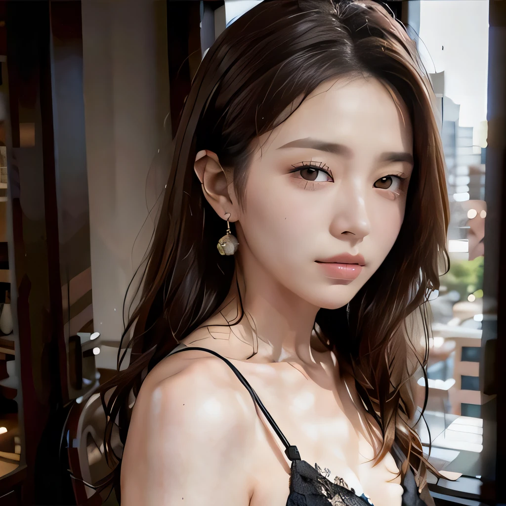 best quality, 8K, HDR, highres, absurdres:1.2, blurry background, bokeh:1.3, Photography, (RAW photo:1.2), (photorealistic:1.4), (masterpiece:1.3), (best quality:1.3), (ultra highres:1.2), (((pin light))), (depth of field), sharp focus:1. 4, (camera from distance),
taken by Canon EOS, SIGMA Art Lens 35mm F1.4, ISO 200 Shutter Speed 2000, face close-up, close-up,
((((1girl, solo)))),
posh, stylish, beautiful skin, solid circle eyes, detailed beautiful face, beautiful detailed, (detailed eyes), (detailed facial features), small head, beautiful and clear eyes, detail eye pupil, lipgloss, spiked hair, looking at viewer, earrings,
featured on pixiv, magical realism, movie still, pixiv,