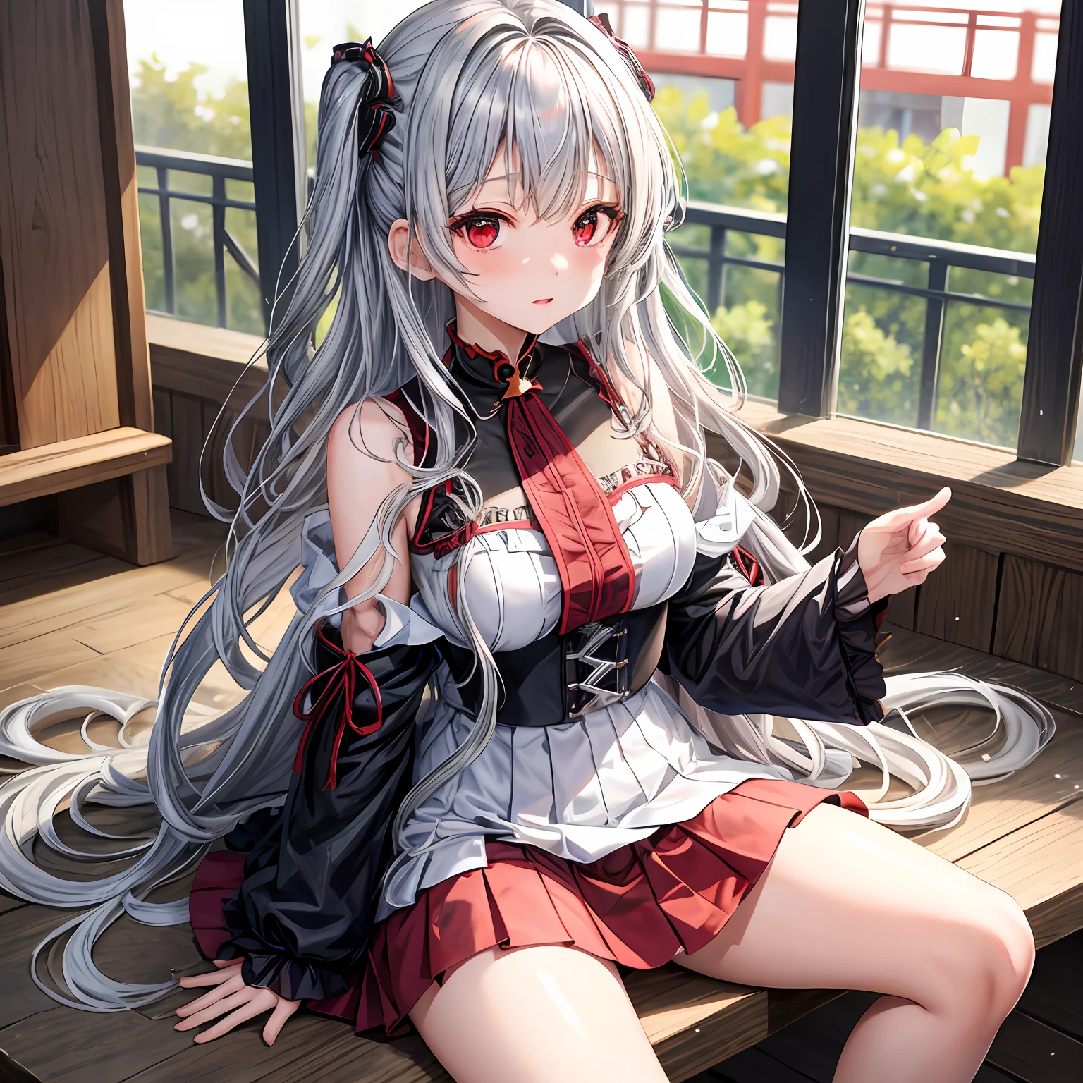 wavy silver hair、red eyes、One pretty girl、独奏、animesque、off shoulders、a miniskirt、sitting on、A sexy