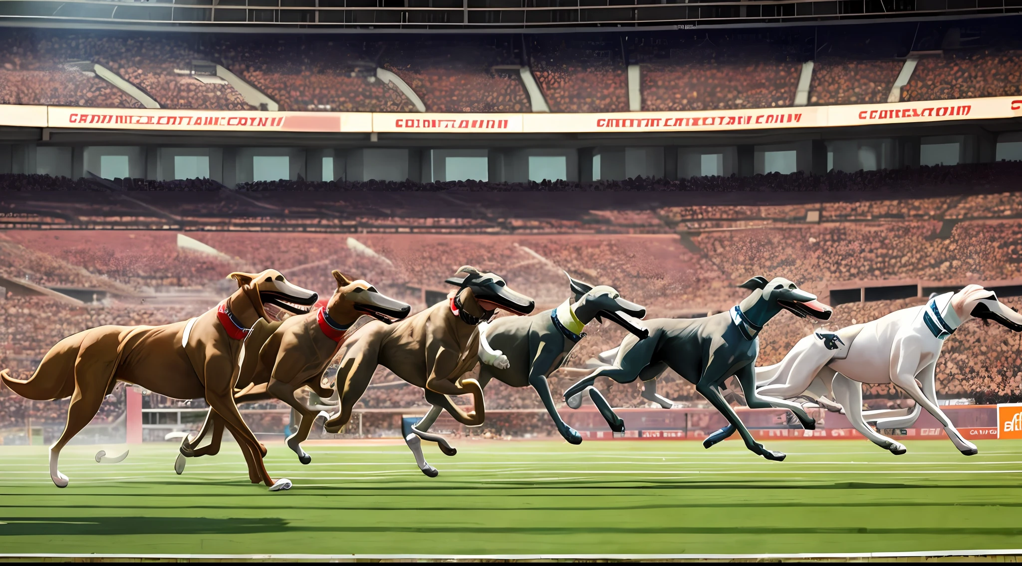 four greyhounds in stadium race looking at people --auto