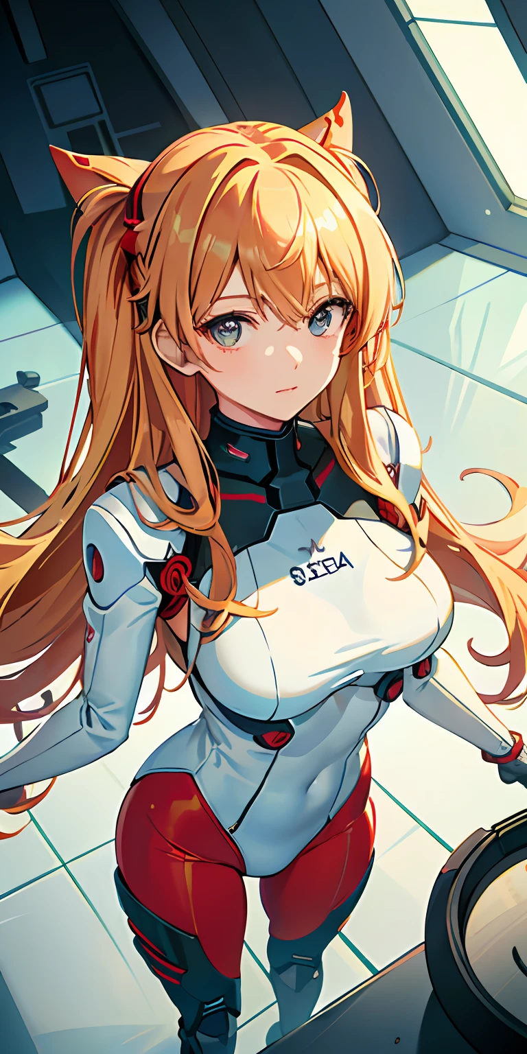 (Overhead view),dynamic angle,ultra-detailed, illustration, close-up, straight on, 1girl, 
 ((souryuu asuka langley, interface headset, red bodysuit:1.4, blonde)),Her eyes shone like dreamy stars,(glowing eyes:1.233),(beautiful and detailed eyes:1.1),(expressionless,closed mouth),(standing), 
(mechanic room with toolsand spaceship windowin a white SPACESHIP),
(night:1.2),dreamy, [[delicate fingers and hands:0.55]::0.85],(detail fingers),