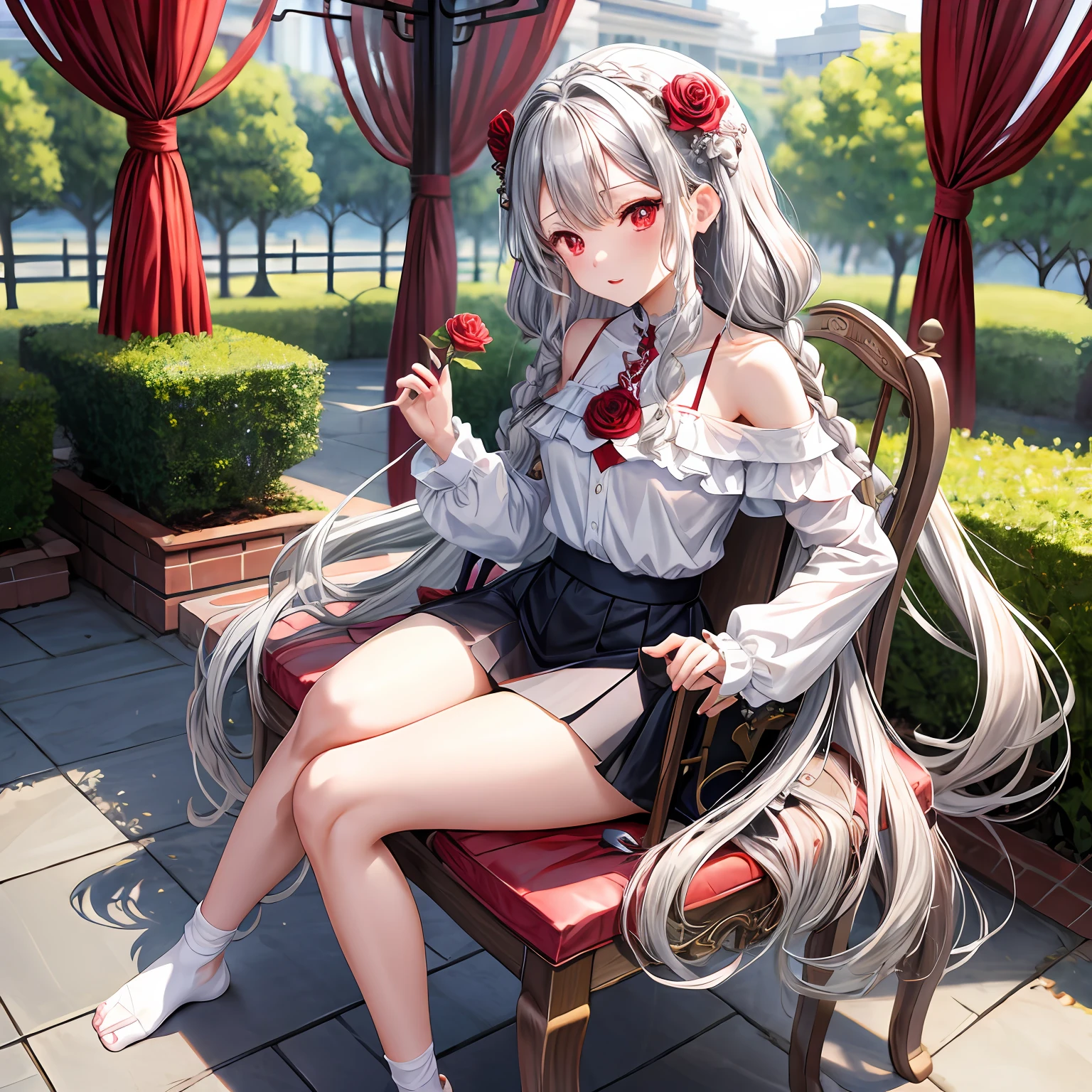 wavy silver hair、red eyes、One pretty girl、独奏、animesque、off shoulders、a miniskirt、Sitting on a chair、Foot braids、rose garden
