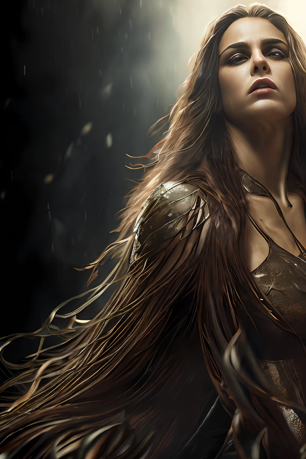 A photo of the most beautiful work of art in the world using software
A brilliant, (epic, heroic fantasy), beautiful woman with long wet hair
Wounded angry, looking with long hair
and a fierce look in a dynamic pose)), chest, full face, (naked Soft medium breasts:1.2) peeking out from under the clothes, (dark background:1.4)
(epic realism, HDR, complex details, hyper-detail, cinematic, rim lighting, muted: 1.5),
((fantastic location, majestic cluttered environment)),
skin pores, very dark lighting,
heavy shadows, detailed, detailed face (photo)
Realistic, Dramatic, Dark, Clear Focus, 8K),
(weathered, damaged old worn-out leather outfit: 1.5),
(difficult:1.4), decadent (very detailed:1.4), octane render,
sharp focusing,
heavy rain, floating particles