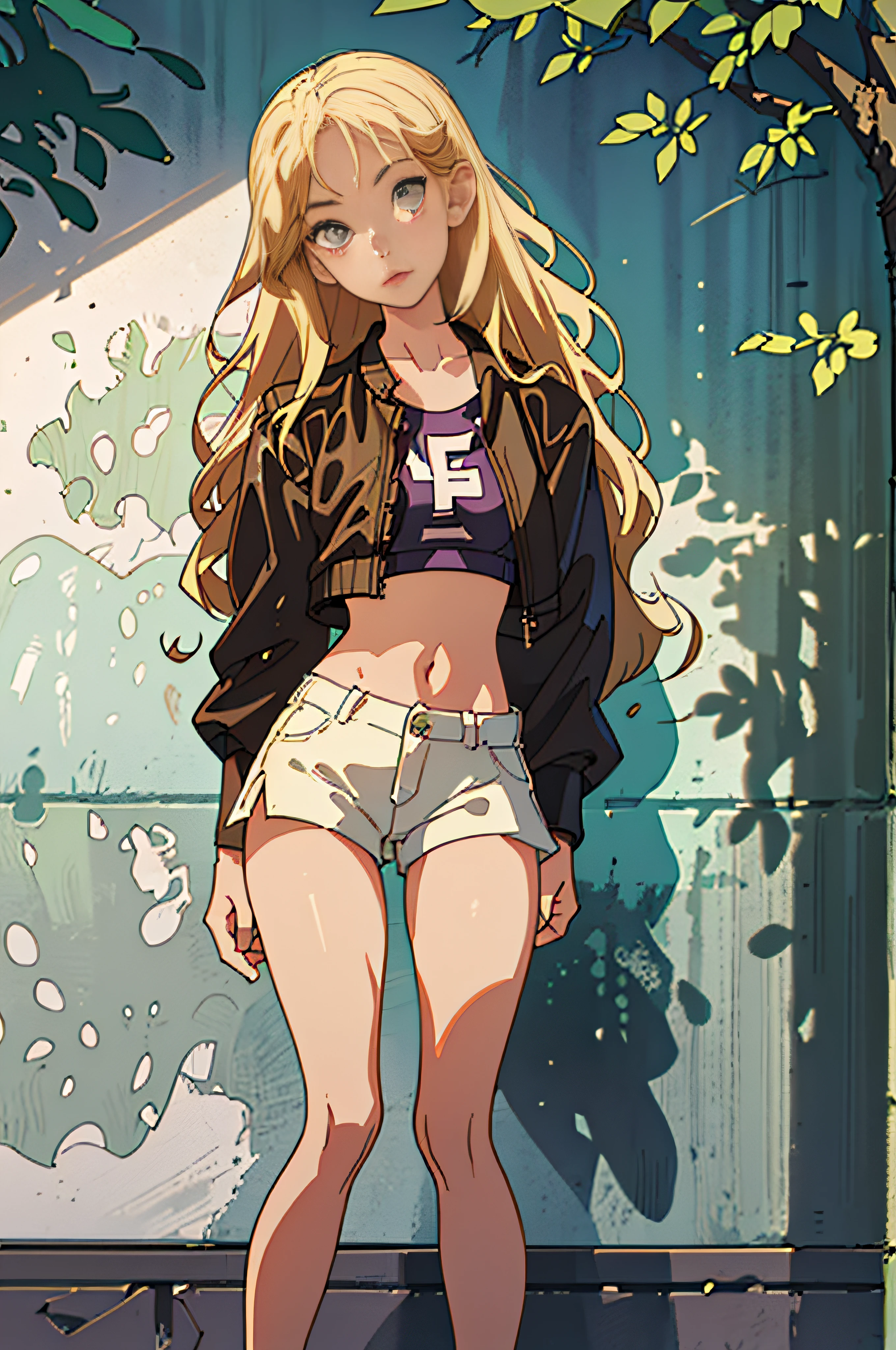 (masterpiece, best quality), 1girl, (oversized leather jacket), navel, thick thighs, shorts, ((intricate, leaning against the wall, dappled sunlight, poster)), long hair, upper body, wavy hair, blonde, hand in pocket, head tilt, wide hips