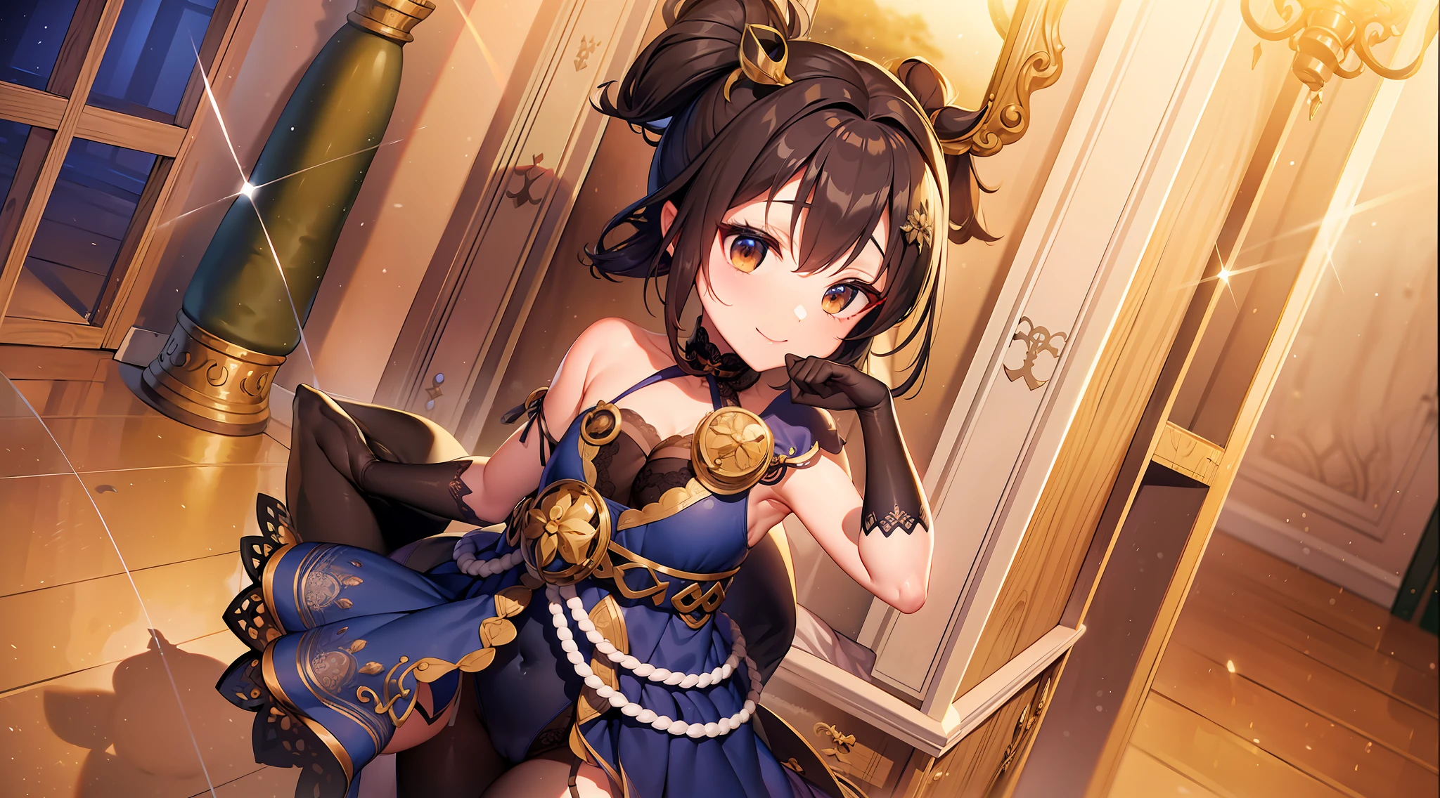 hightquality、masutepiece、Clean face、mekosji、invisible clothes、Opening legs、very transparent clothing、very transparent underwear、Open your legs、Open your legs on your back、Opening legs、Open your legs in an M shape、Chignon、A smile、plump thighs、Navel、Chest、Perforated lingerie