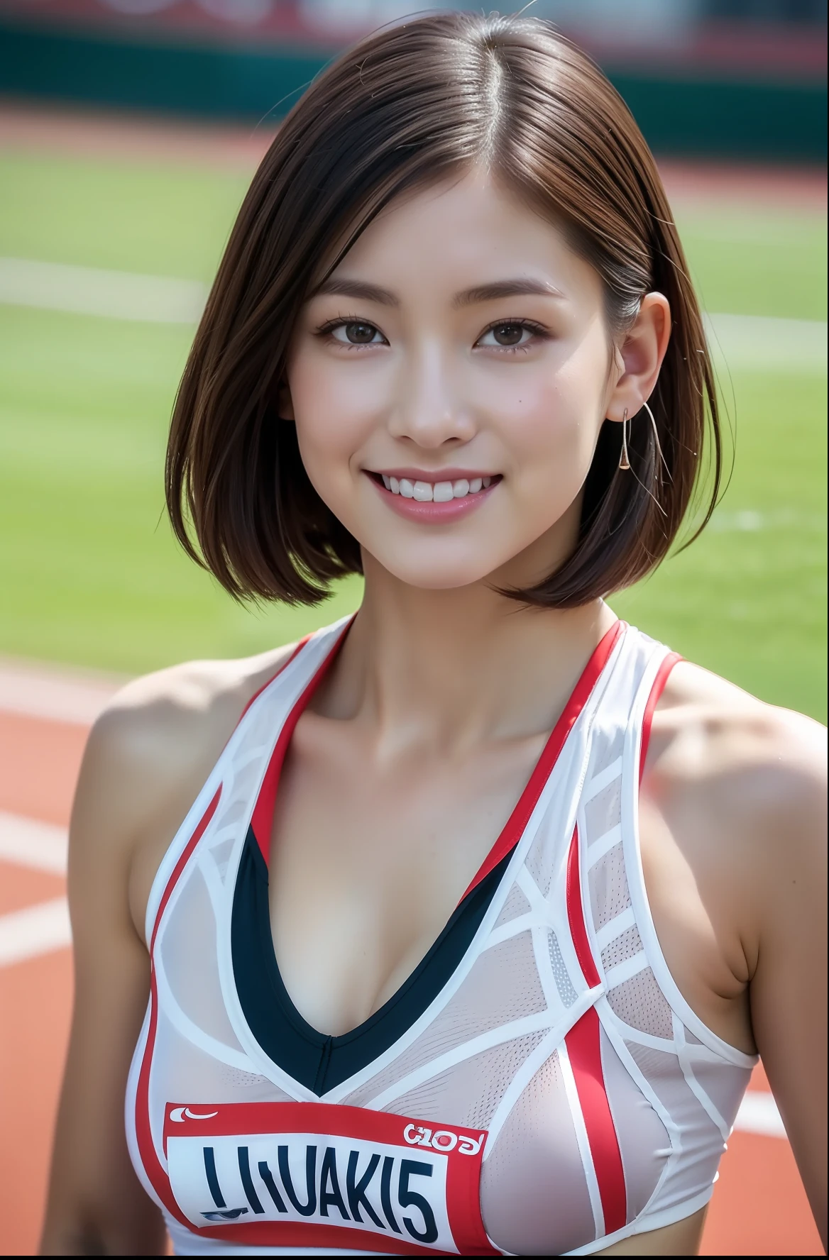 (((full bodyesbian)))、((Short-cut hairstyles))、Perfect style、beauty legs、kawaii、((Track & Field Athletes Women))、japanese beauty girl、(((1人)))、Competition uniforms、((stadium))、Transcendent cute、A slight smil、Beautiful breasts、full bodyesbian、athletic field、((Outstanding style))、((Healthy body))、 Photorealsitic、Beautiful detailed eyes、Hyper-Realism、highcontrast、Ultra HD、realistic skin textures、Top image quality、top-quality、超A high resolution、Fine details、Very meticulously