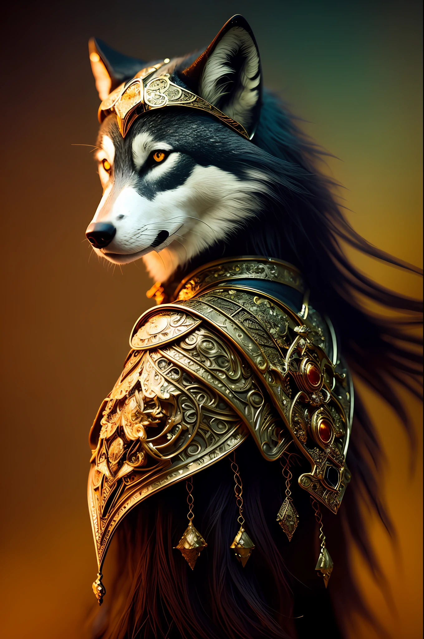 wolf holding a spear, light and shadow, dark and grim, grimdark style, from amber to black, copper and jewels, ornate intricate gothic armor,
( by artist Brom and Jasmine Becket-Griffith and Alphons Mucha),
,Photorealistic, Hyperrealistic, Hyperdetailed, analog style, detailed skin, matte skin, soft lighting, subsurface scattering, realistic, heavy shadow, masterpiece, best quality, ultra realistic, 8k, golden ratio, Intricate, High Detail, film photography, soft focus,