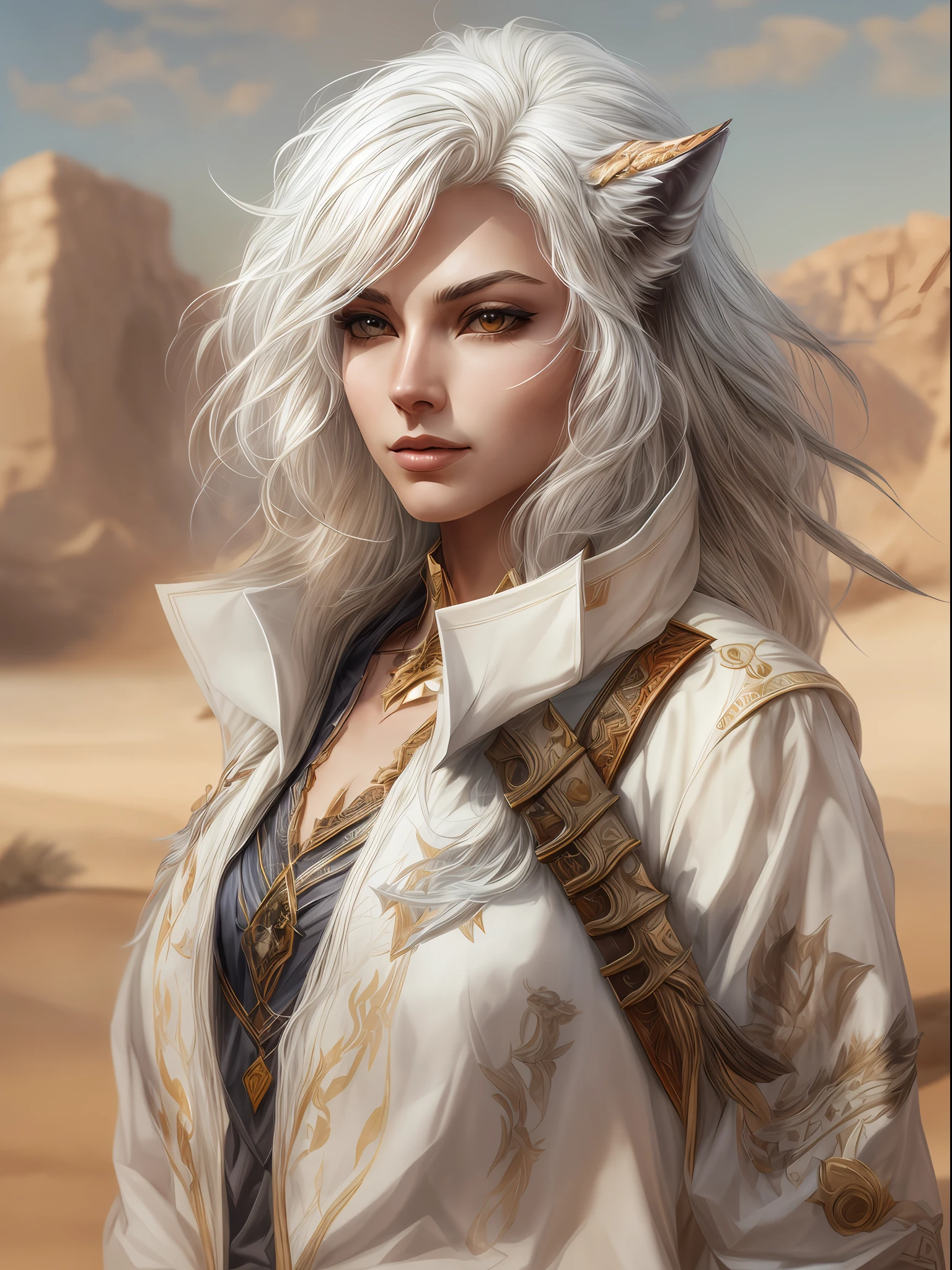 （Masterpiece,Best quality, 8K ,art  stations,the wallpaper,offcial art, Splash Art,tack sharp focus,1 masterpiece, Best quality）,（full bodyesbian:1.3）（personificational：1.3）,1 wolf-head warrior, long white hair, magnificent composition，ellegance，（desert background:1.2），（anatomy correct，Solo exhibition）