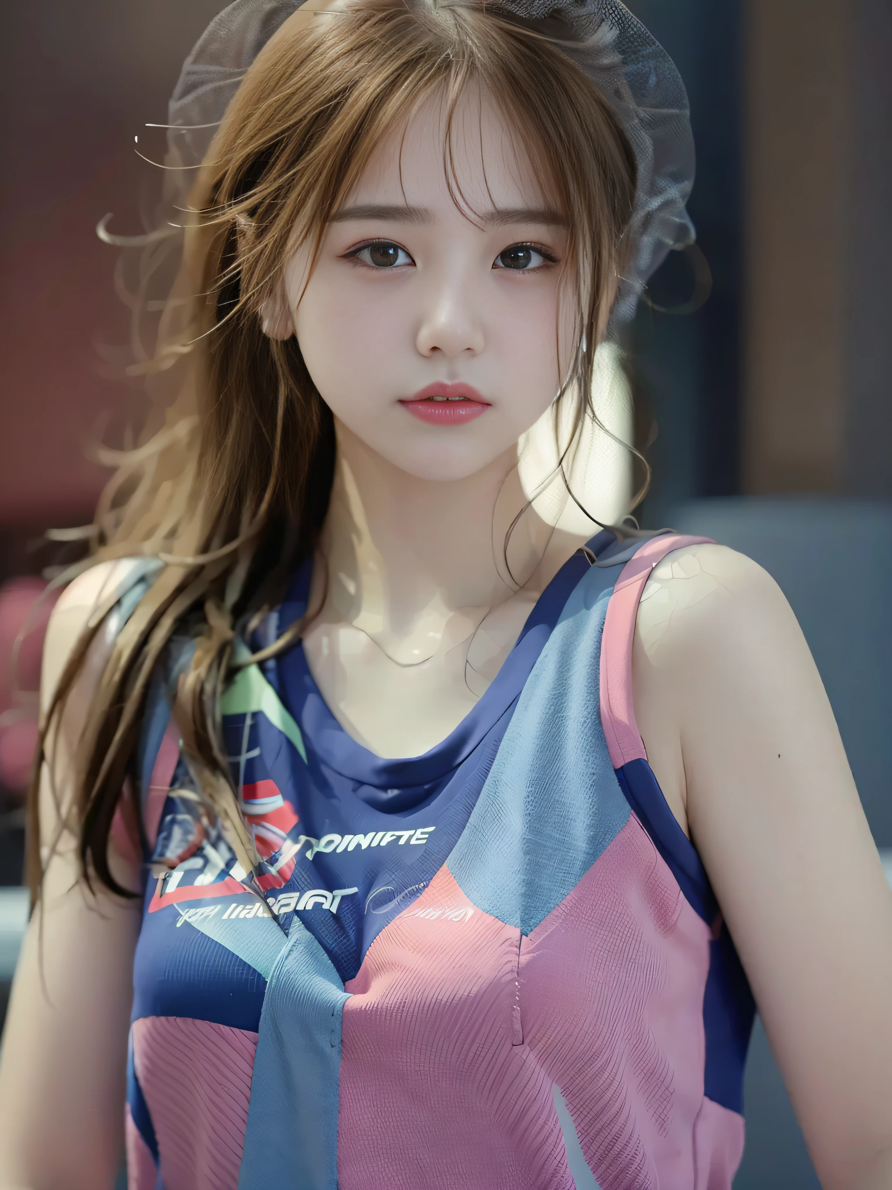 top-quality、masterpiece、超A high resolution、(Photorealsitic:1.4)、Raw photo、Detailed CG image quality、Basketball team tank top、Beautiful fece、1girl in、detailed portrait、8K picture quality、bright colour、concept-art、Cinematic and dramatic atmosphere、foco nítido、Volumetric lighting、Cinematographic lighting、Wearing studio quality、Colorful neon lighting、depth of fields、Ambient lighting、Blurred foreground、blurry backround:1.3、