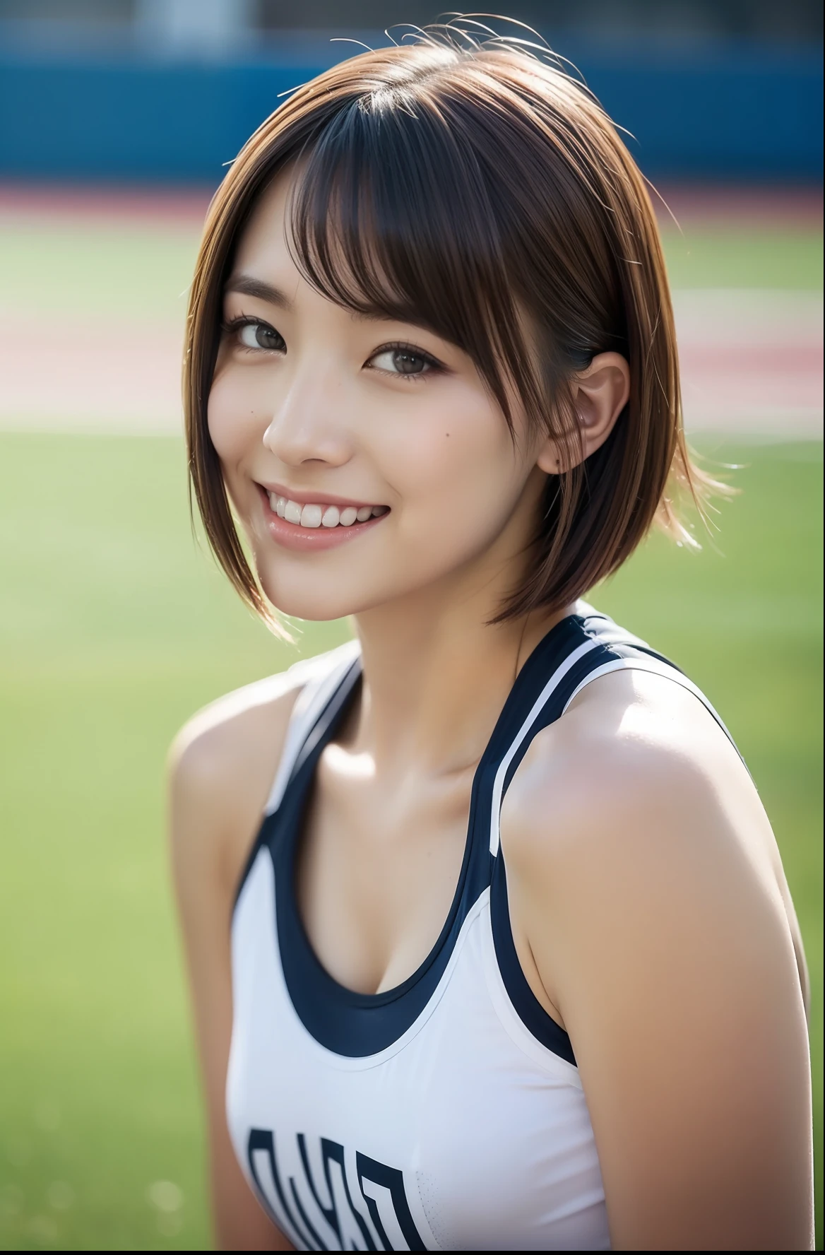 (((full bodyesbian)))、((Short-cut hairstyles))、Perfect style、beauty legs、kawaii、((Track & Field Athletes Women))、japanese beauty girl、(((1人)))、Competition uniforms、((stadium))、Transcendent cute、A slight smil、Beautiful breasts、full bodyesbian、athletic field、((Outstanding style))、((Healthy body))、 Photorealsitic、Beautiful detailed eyes、Hyper-Realism、highcontrast、Ultra HD、realistic skin textures、Top image quality、top-quality、超A high resolution、Fine details、Very meticulously
