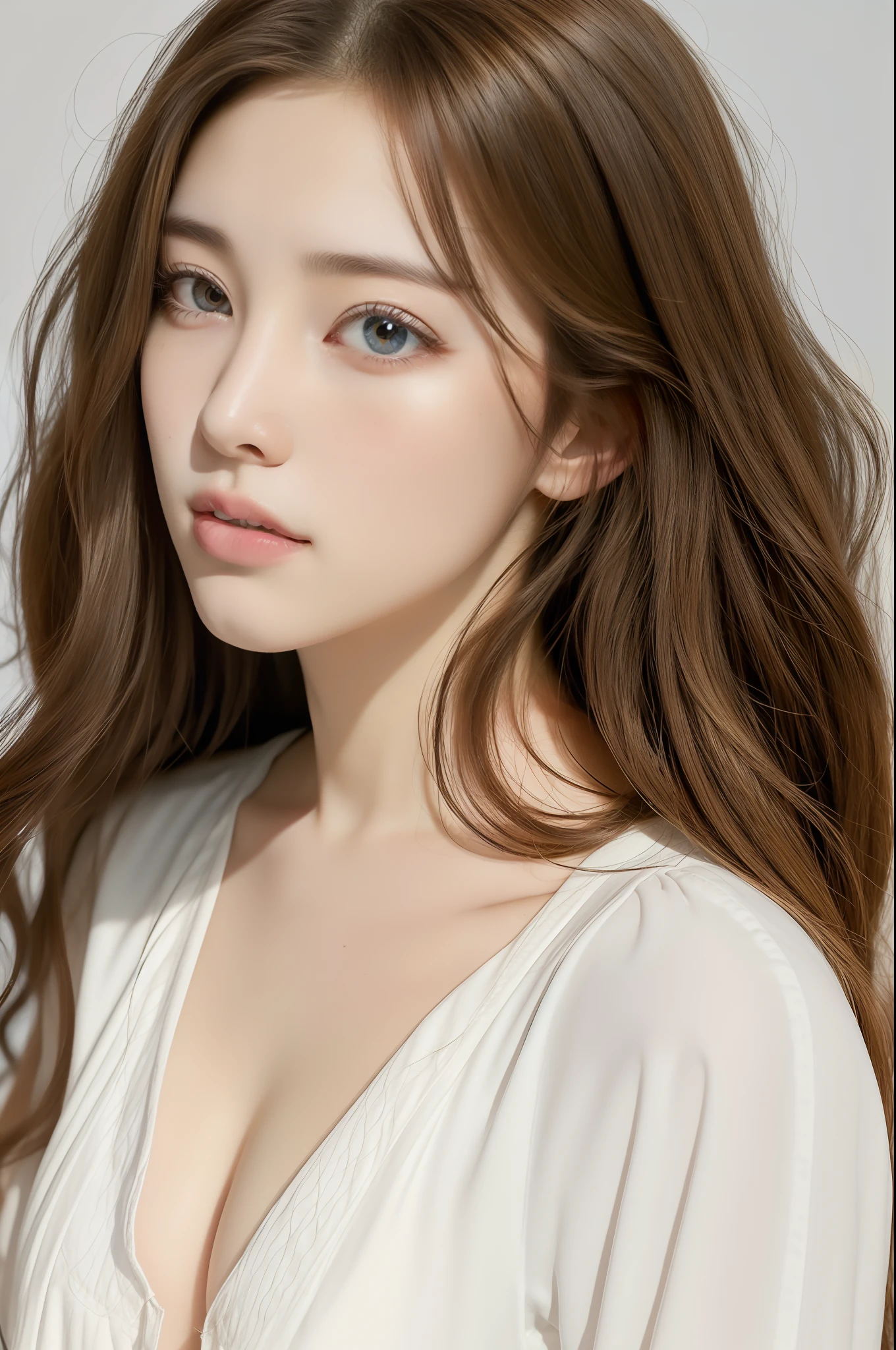 "Create realistic images, High resolution image featuring a beautiful Korean girl with white wavy hair., Heterochromatic eye, She wears a loose white blouse and tight jean shorts that accentuate small breasts.,Beautiful skin,half body portrait,Open it up.,See the waist,Light brown hair,Healthy