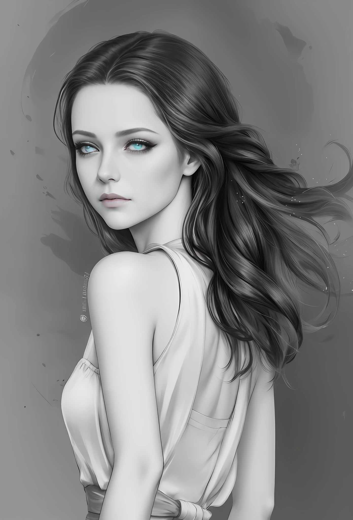 a drawing of a woman with long hair and a dress, Black eyes，drawn in the style of artgerm, digital pencil painting, in the art style of bowater, inspired by Charlie Bowater, Charlie Bowater style, Black and white sketch, in style of charlie bowater, in the style of artgerm, Inspired by artistic germs, charlie bowater art style